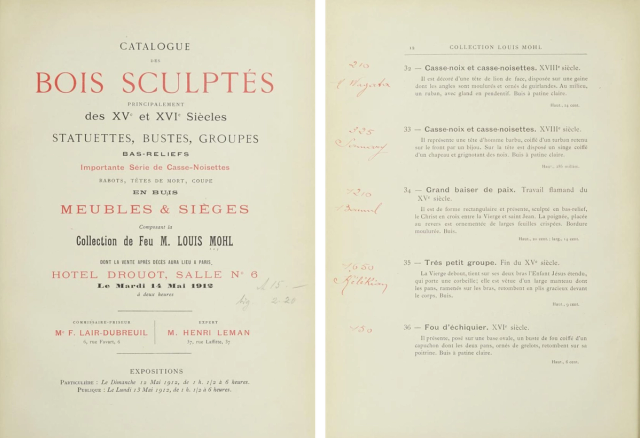 Diptych of cover and single page from a 1912 auction catalog