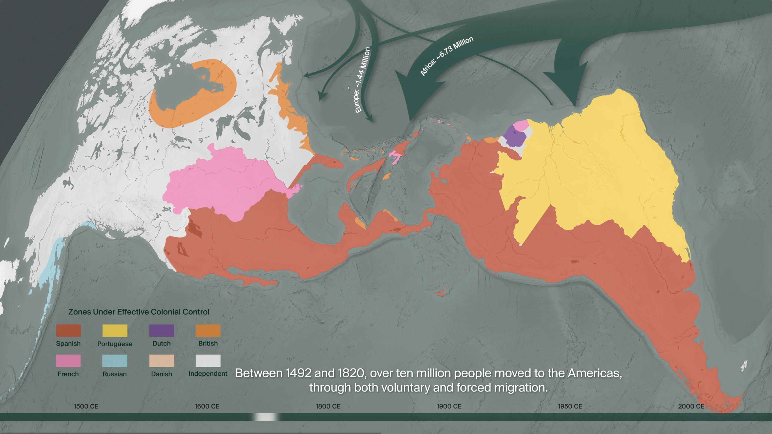 Rotated map view of the Americas with distinctive colors representing zones under effective colonial control