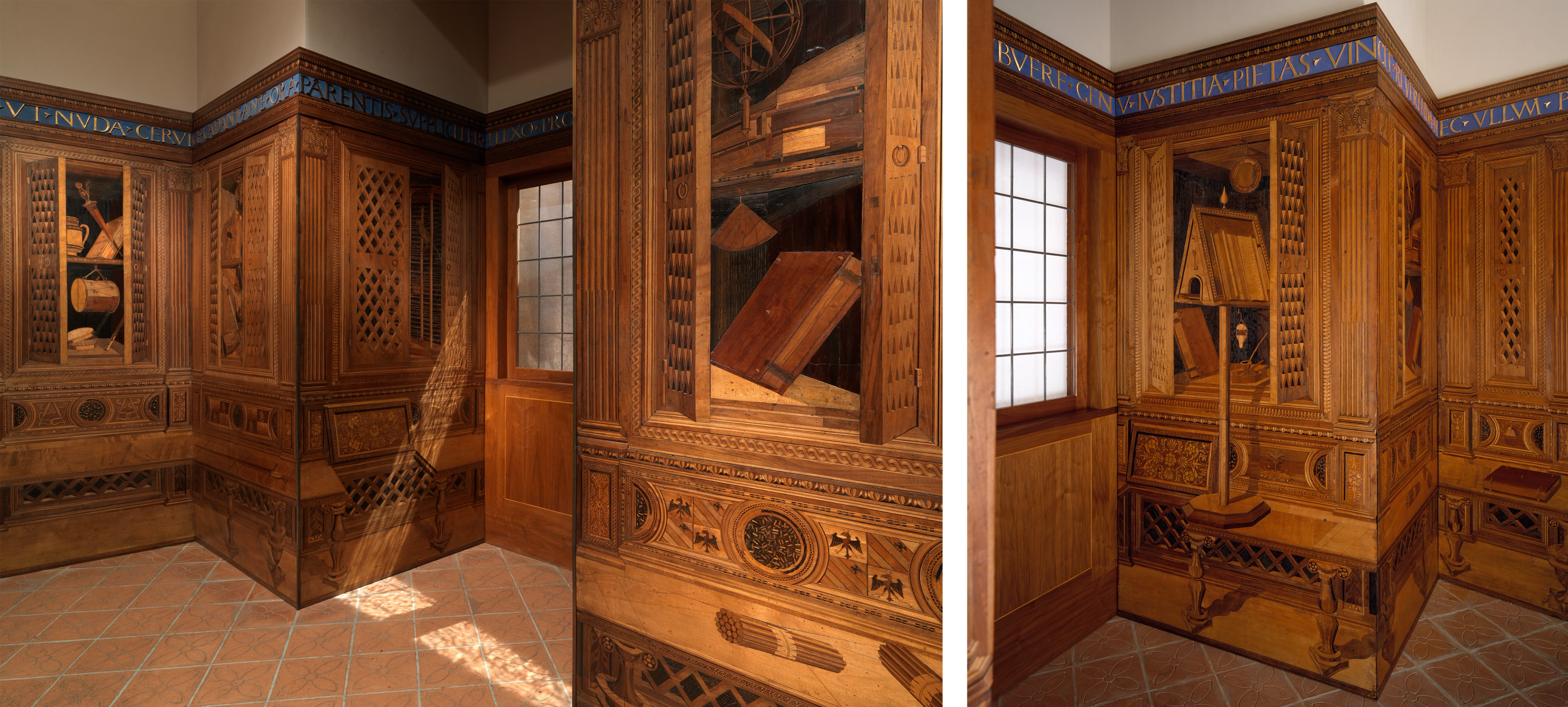 Two views of the wood-paneled walls of the Gubbio Studiolo.