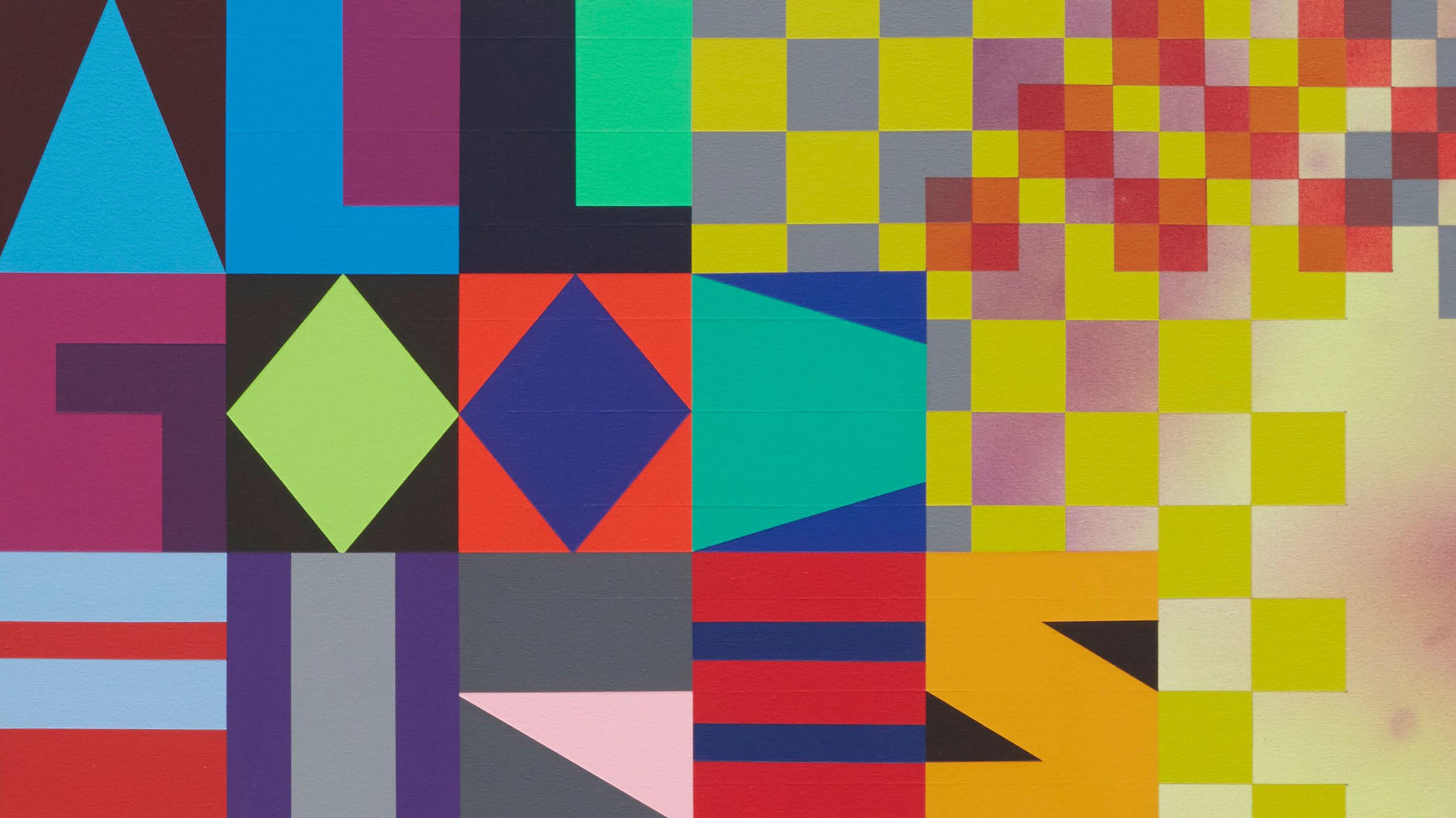 Abstract geometric artwork featuring colorful squares, triangles, and rectangles with a pixelated gradient effect on the right side.