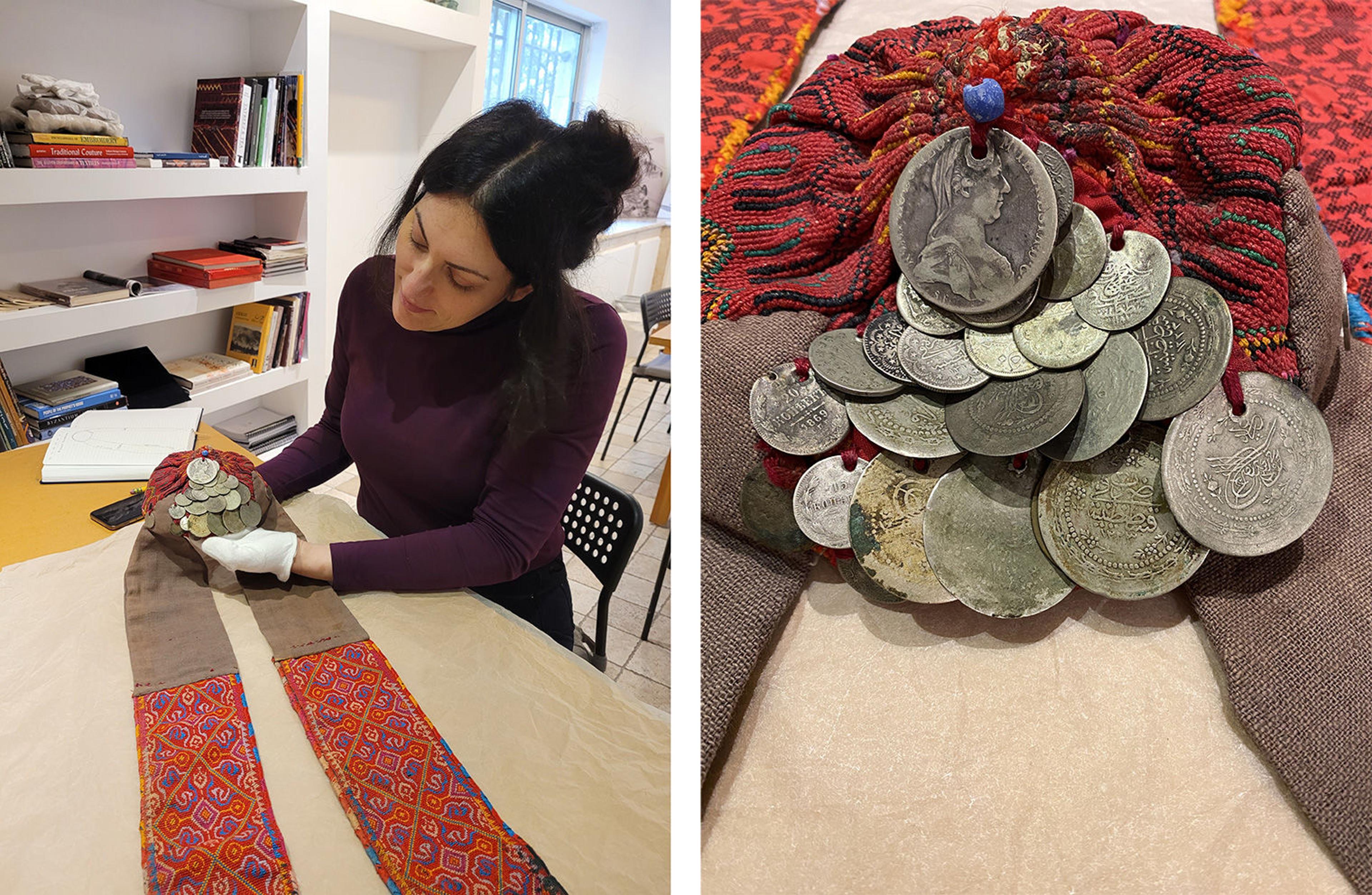 At left, Wafa Ghnaim is seated at a table, angling the beaded portion of a headdress towards the camera. White bookshelves mark the background. At right, a detail image of the beads, actually old coins, overlapping each other in a triangular shape.