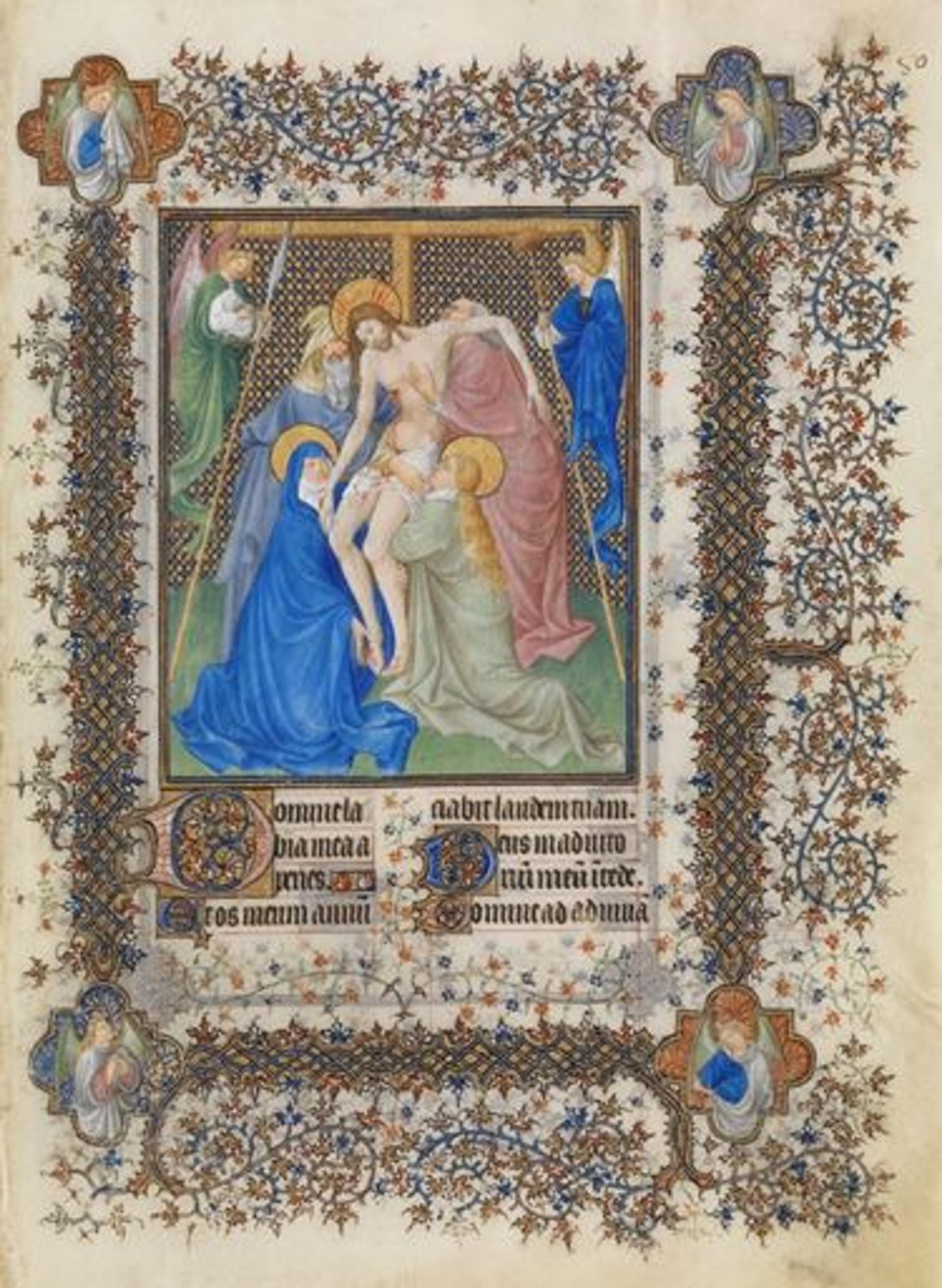 Folio from an illuminated manuscript depicting Christ's descent from the Cross