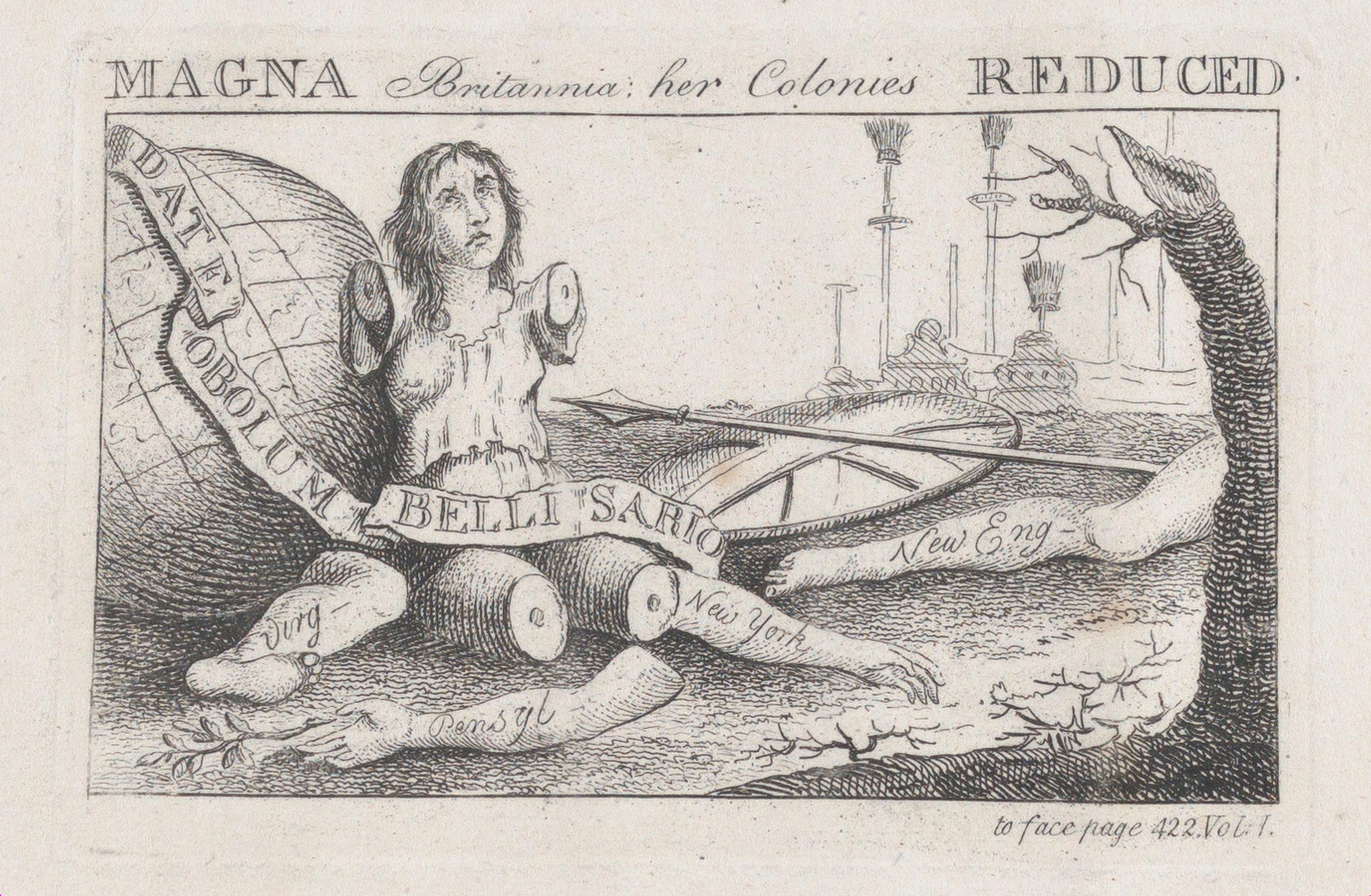 An engraved illustration titled "Magna Britannia: her Colonies Reduced," depicting a maimed, seated female figure against a backdrop of shattered symbols.