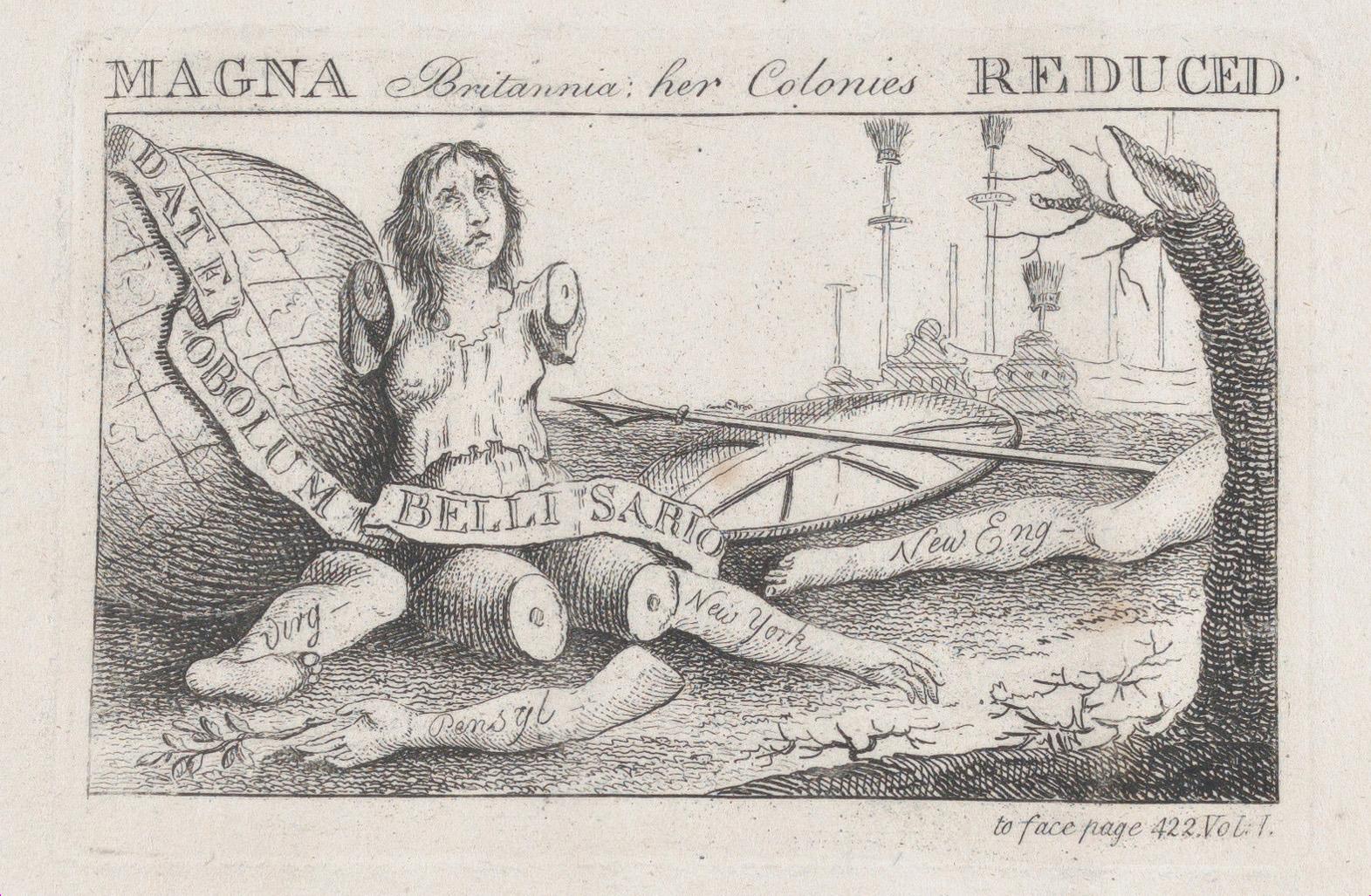 An engraved illustration titled "Magna Britannia: her Colonies Reduced," depicting a maimed, seated female figure against a backdrop of shattered symbols.