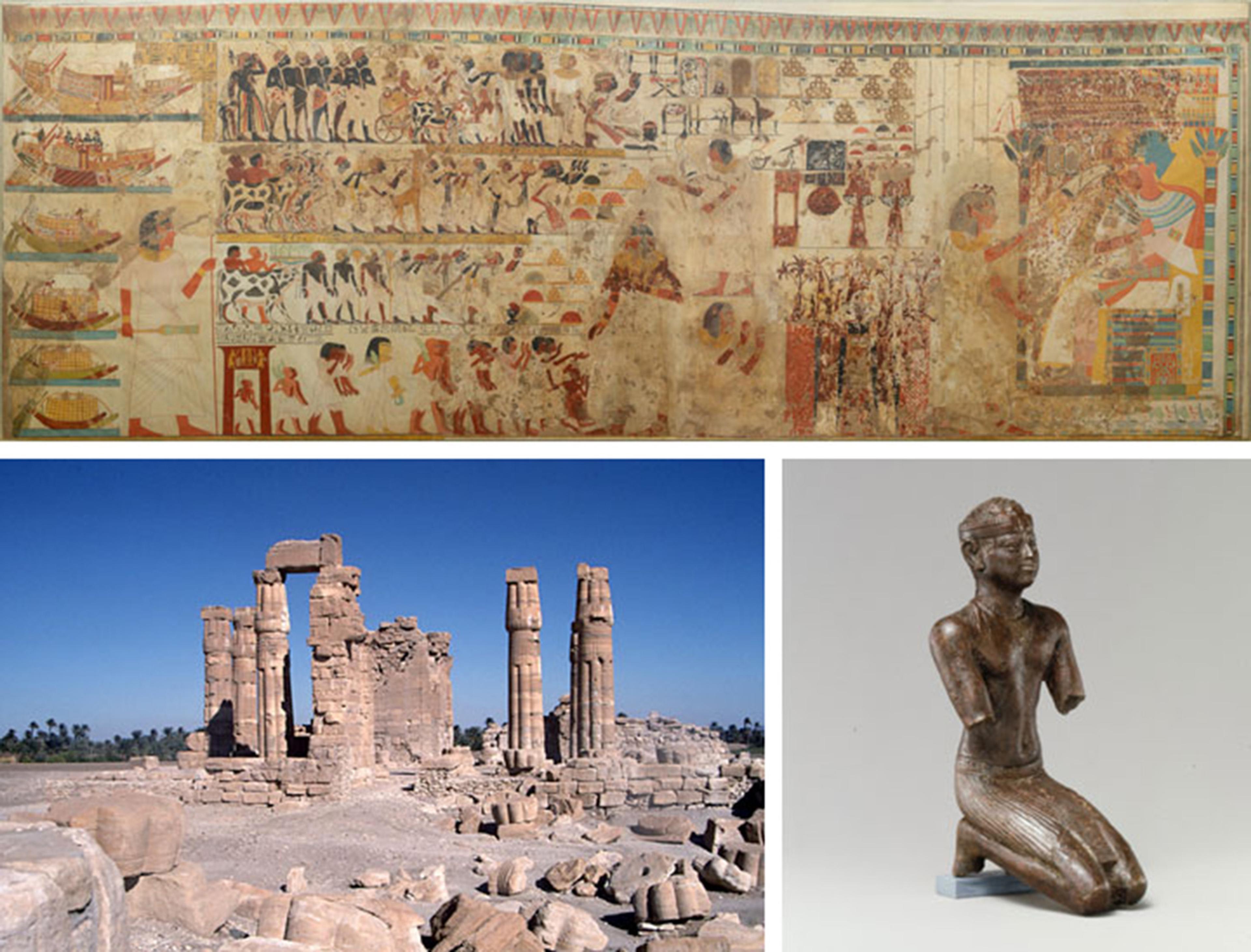 A grid of three images. At top, a facsimile painting depicting Nubian tribute presented to a king; bottom left, the temple of Soleb built by Amenhotep III in Upper Nubia; and at bottom right, a figure of a kneeling Kushite pharaoh.