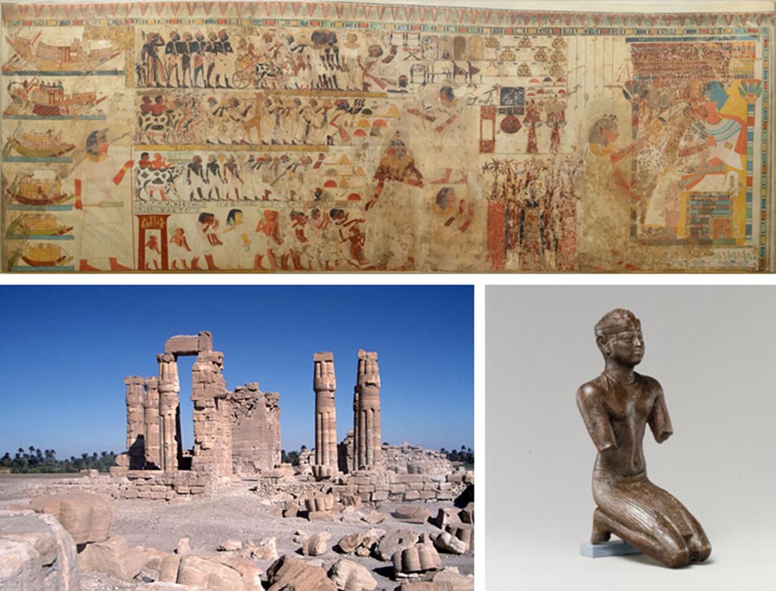 A grid of three images. At top, a facsimile painting depicting Nubian tribute presented to a king; bottom left, the temple of Soleb built by Amenhotep III in Upper Nubia; and at bottom right, a figure of a kneeling Kushite pharaoh.