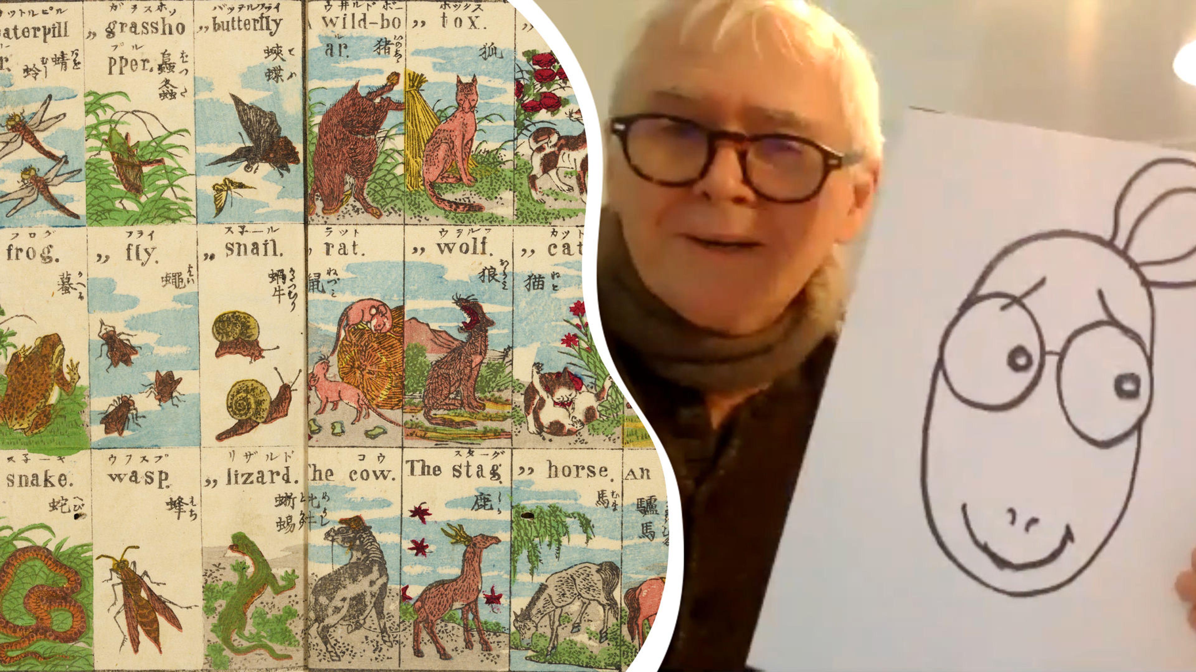 Split screen image of author and illustrator Marc Brown with a drawing of Arthur on one side and the English study artwork on the other side.