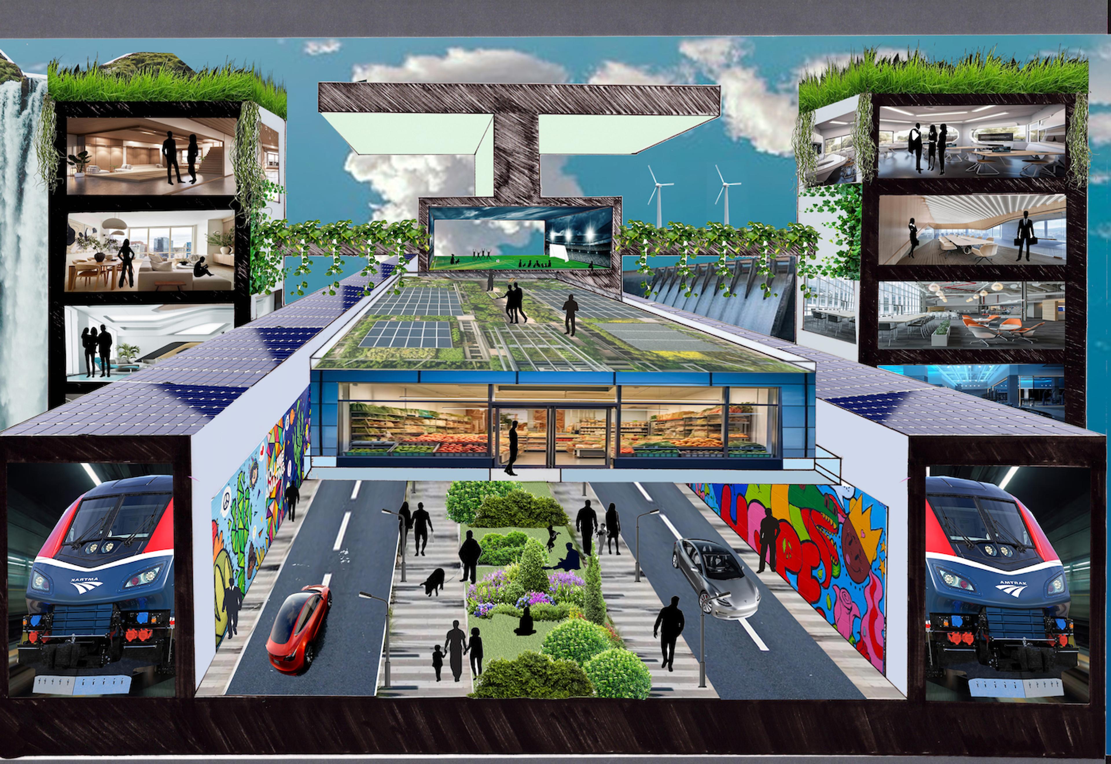 Digital illustration of a cross- sectioned urban environment drawn in one- point perspective. Various elements in the scene are shown cut open to reveal their interiors. At left and right, two enslosed subway tunnels, each with trains, flank a two- lane road with a park and sidewalks in the middle. Above the two- lane road is a supermarket, and above the supermarket small figures are shown walking across a rooftop made of skylight windows or solar panels. In the distance toward the horizon, two cross- sectioned tall buildings rise at left and right, with the interior floors visible through the cut- away view. On the horizon at center is a tall, T- shaped platform. In the far distance, a row of green trees bedecked with wind turbines connects the tall buildings at right and left.
