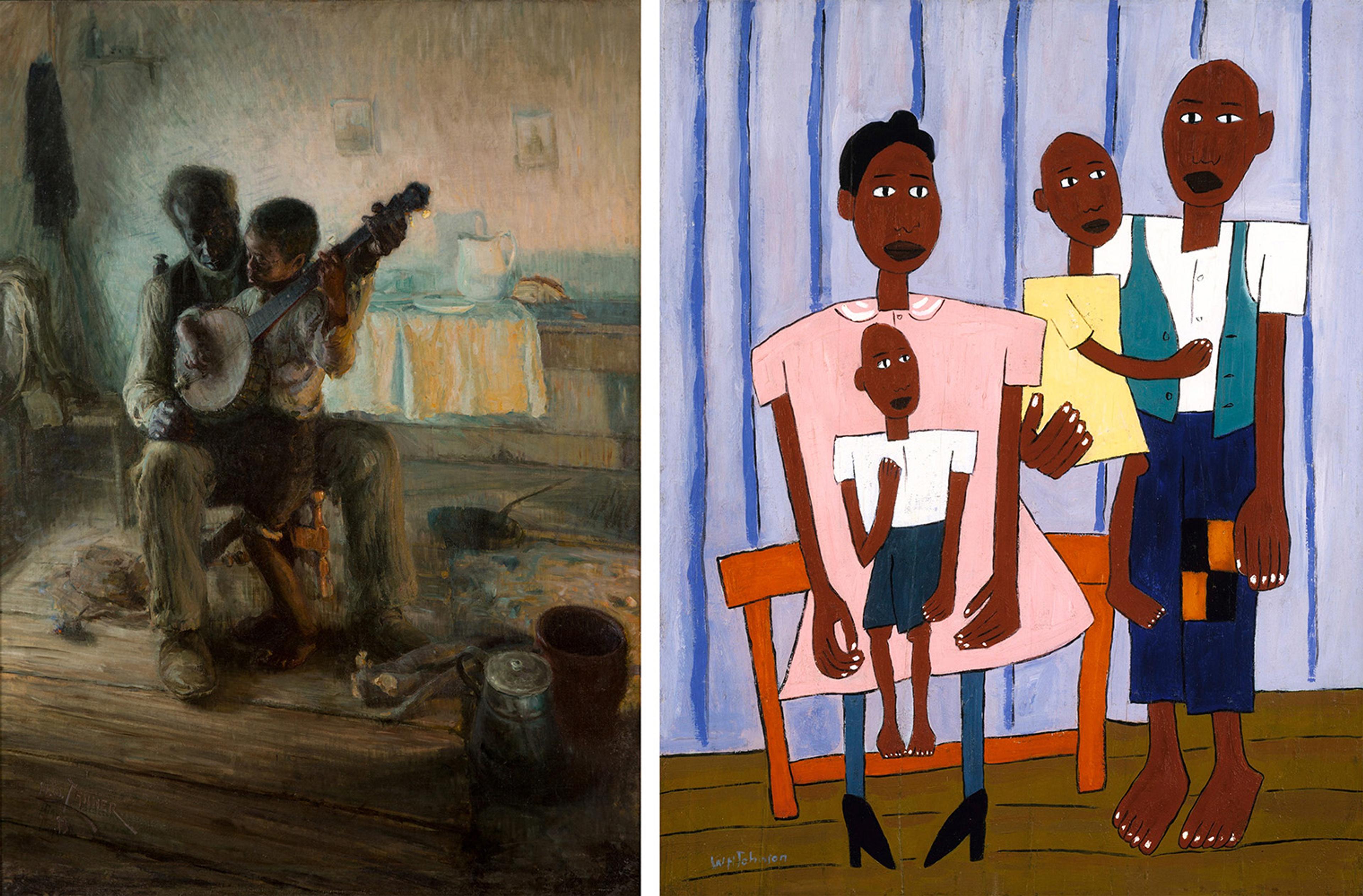 On the left, a dimly lit, intimate scene of a man playing banjo with a child. On the right, a bright, stylized family portrait with bold colors.
