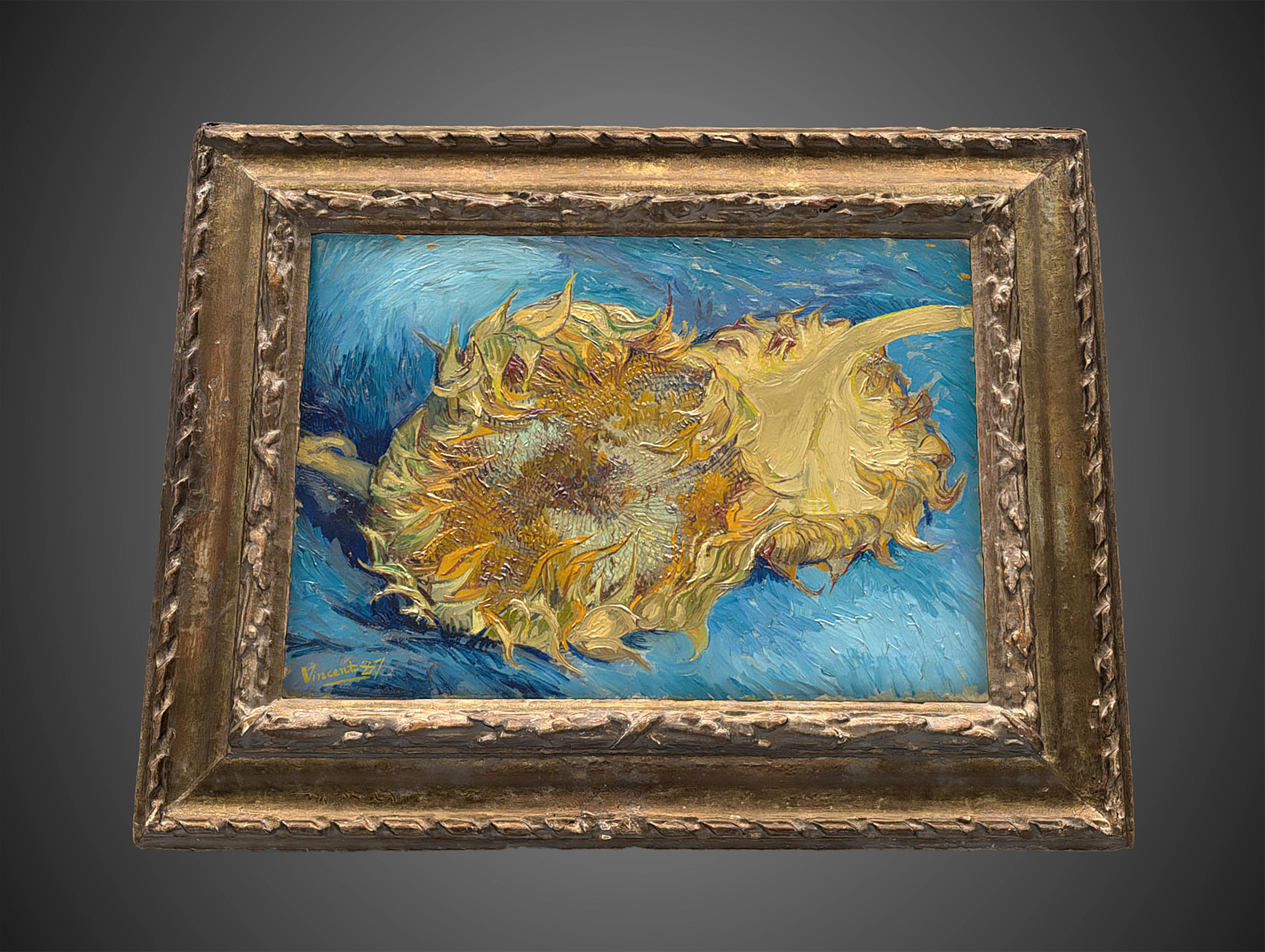 3D image of van Gogh's Sunflowers in its frame.
