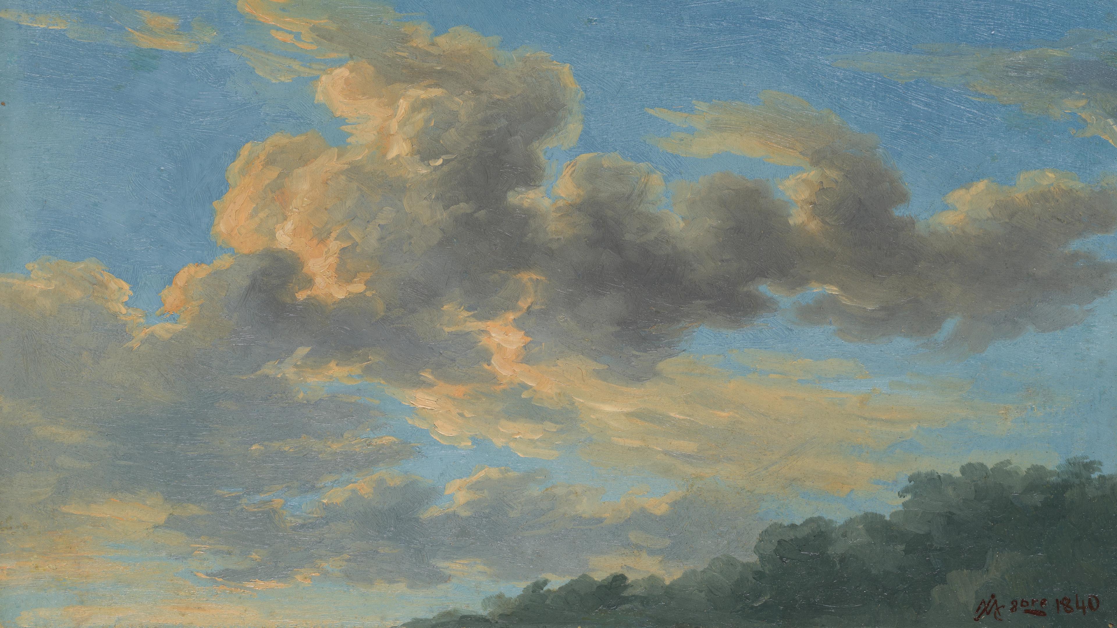 Oil painting of a dramatic blue sky with golden sunlight, towering gray clouds, and a dark tree line along the horizon.