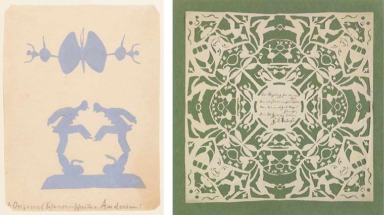 Left: a mirrored image of a ballerina and dancers on a ball cut-out from blue paper, pasted on a white sheet. Right: an elaborate, snowflake-like paper cut-out featuring clowns, faces, ladies in dresses, and swans on a green background.