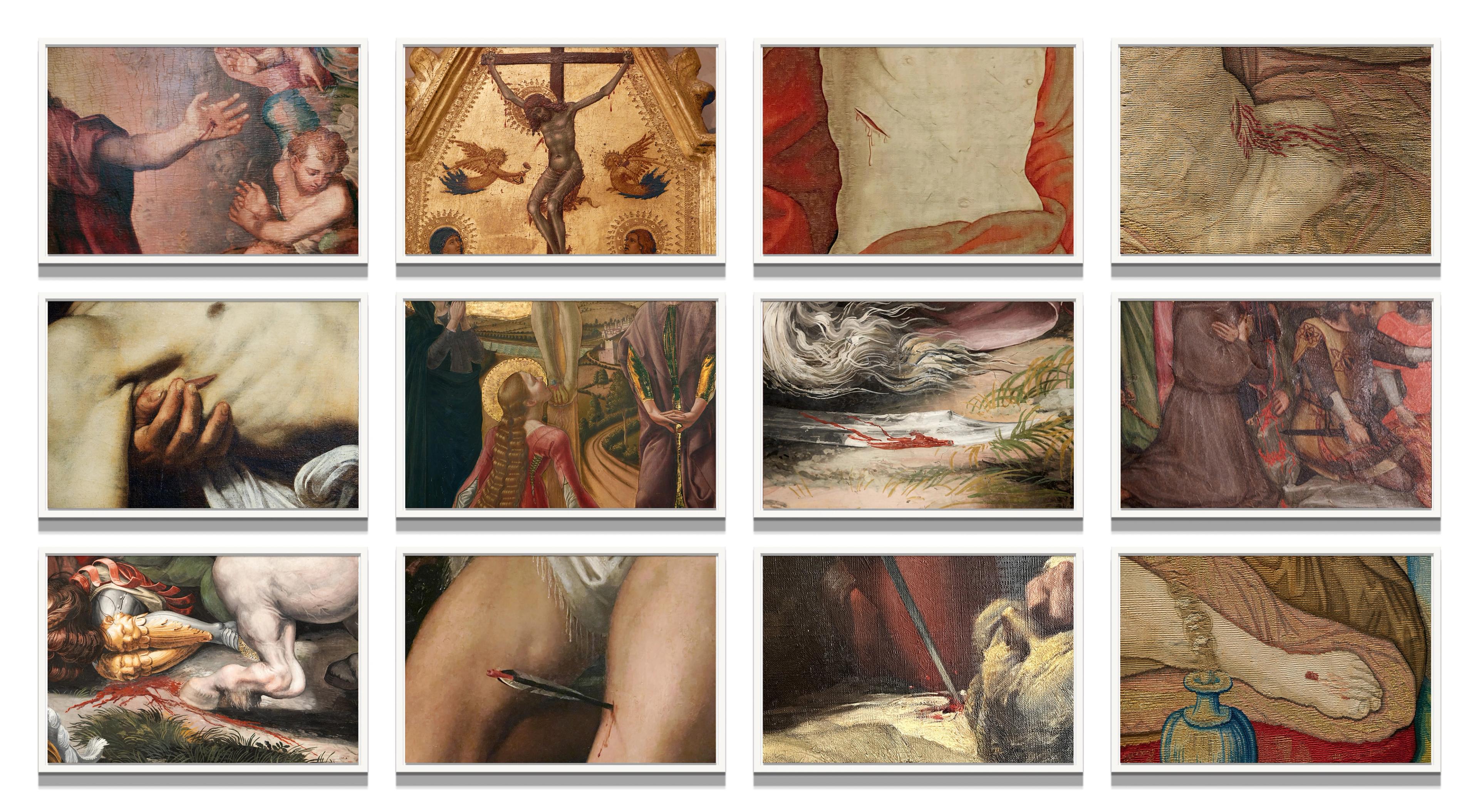 A 4 x 3 grid of gruesome injuries cropped from different paintings.