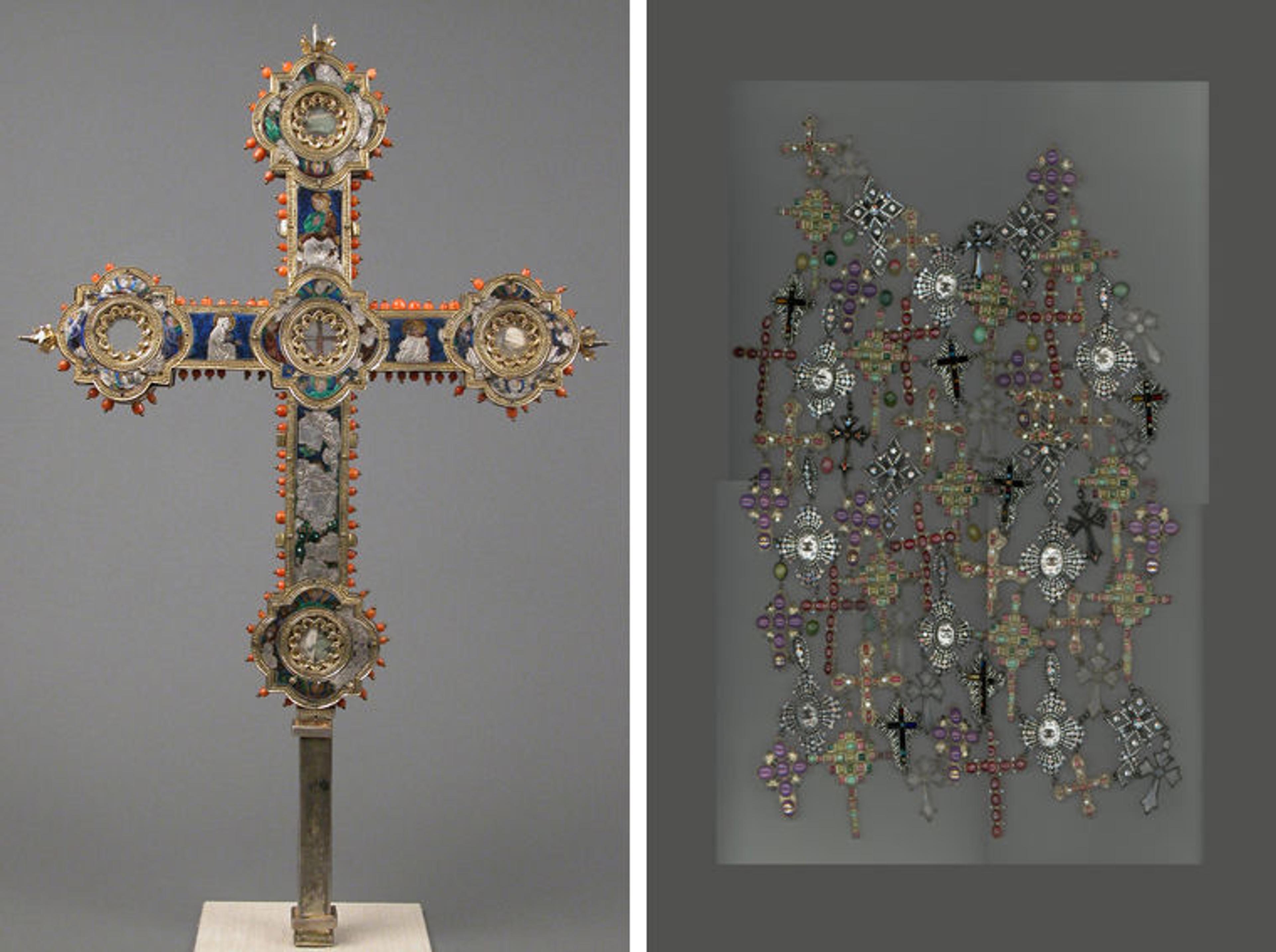 A Renaissance Italian reliquary cross at left, and a Karl Lagerfeld gilet composed of intricate cross designs at right
