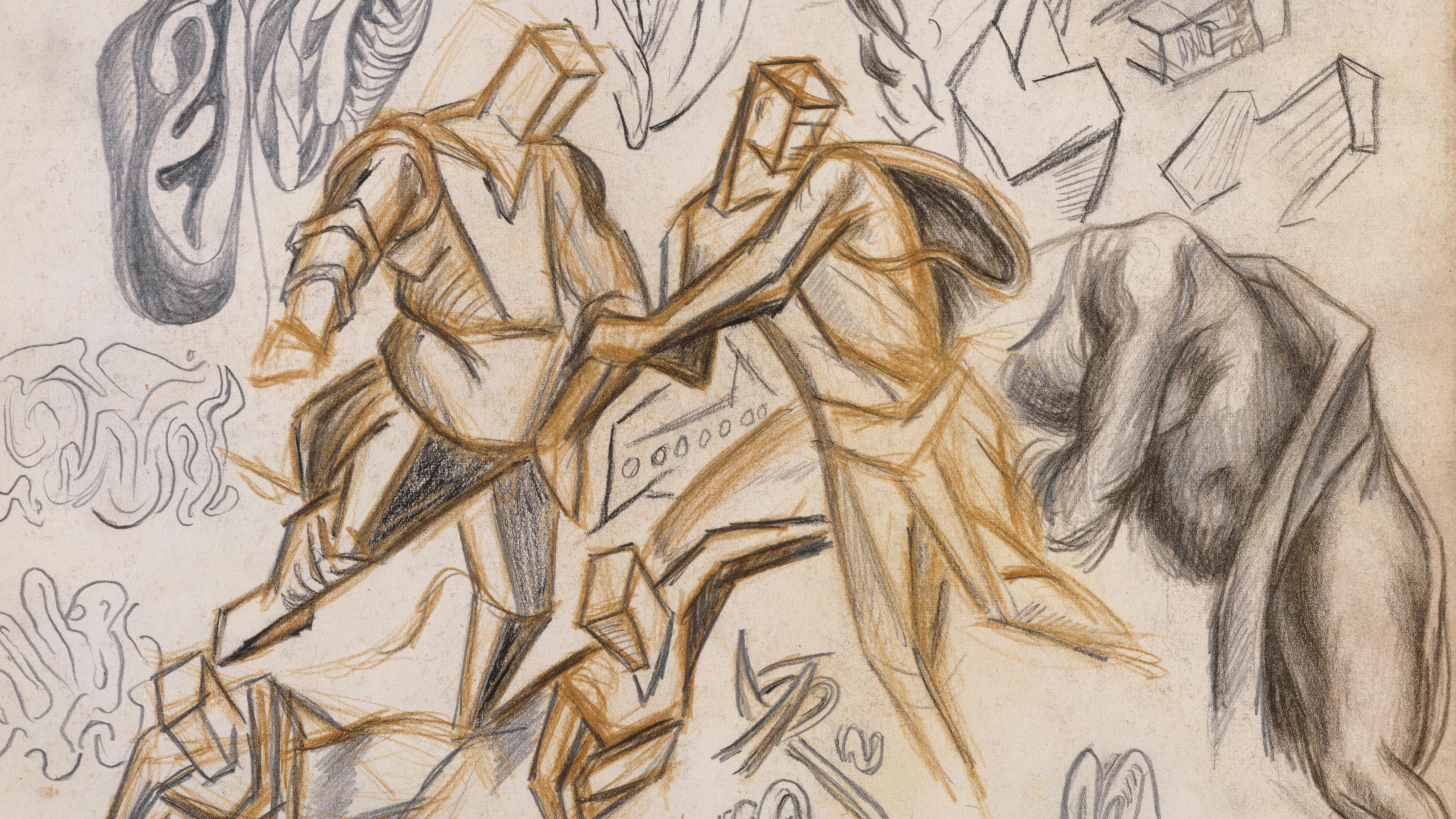 Drawing of two central angular figures in brown pencil surrounded by geometric and organic forms in black pencil.
