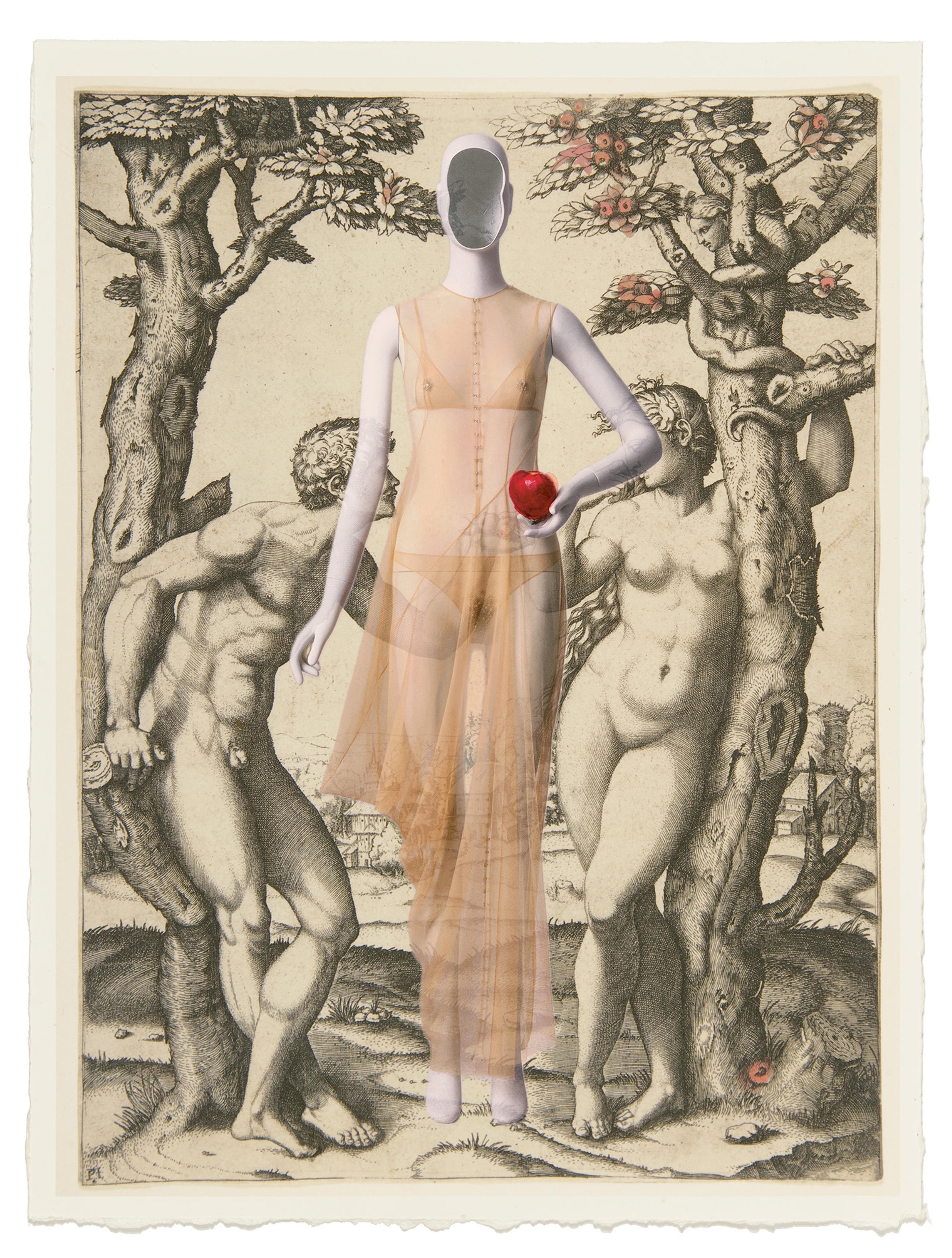 A mannequin in a sheer beige dress holds a red apple, superimposed on an old.