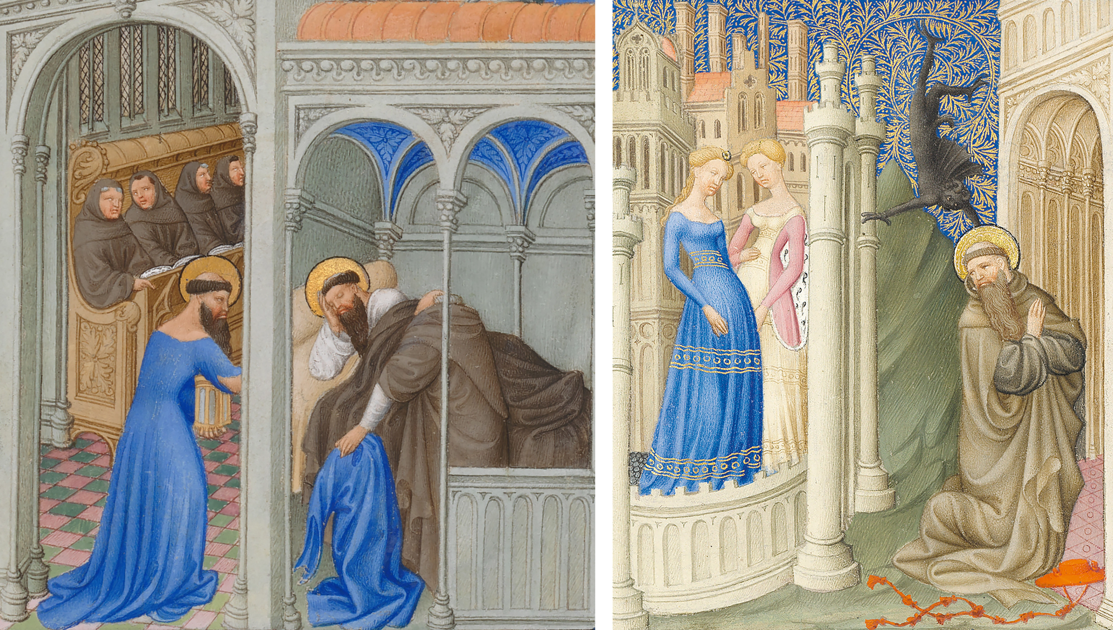 Image on the left is a manuscript painting showing a man with a halo in a blue dress with his elbow revealed and monks in brown habits in the background and to the right the figure of a man with a halo sleeping and a concealed figure holding a blue dress. The image on the right shows two women, one in a blue dress and the other in a pink and white dress standing in front of a city, before them is a man in a monk's habit with a halo and long beard, hands before him in prayer with an orange hat with ribbons on the ground