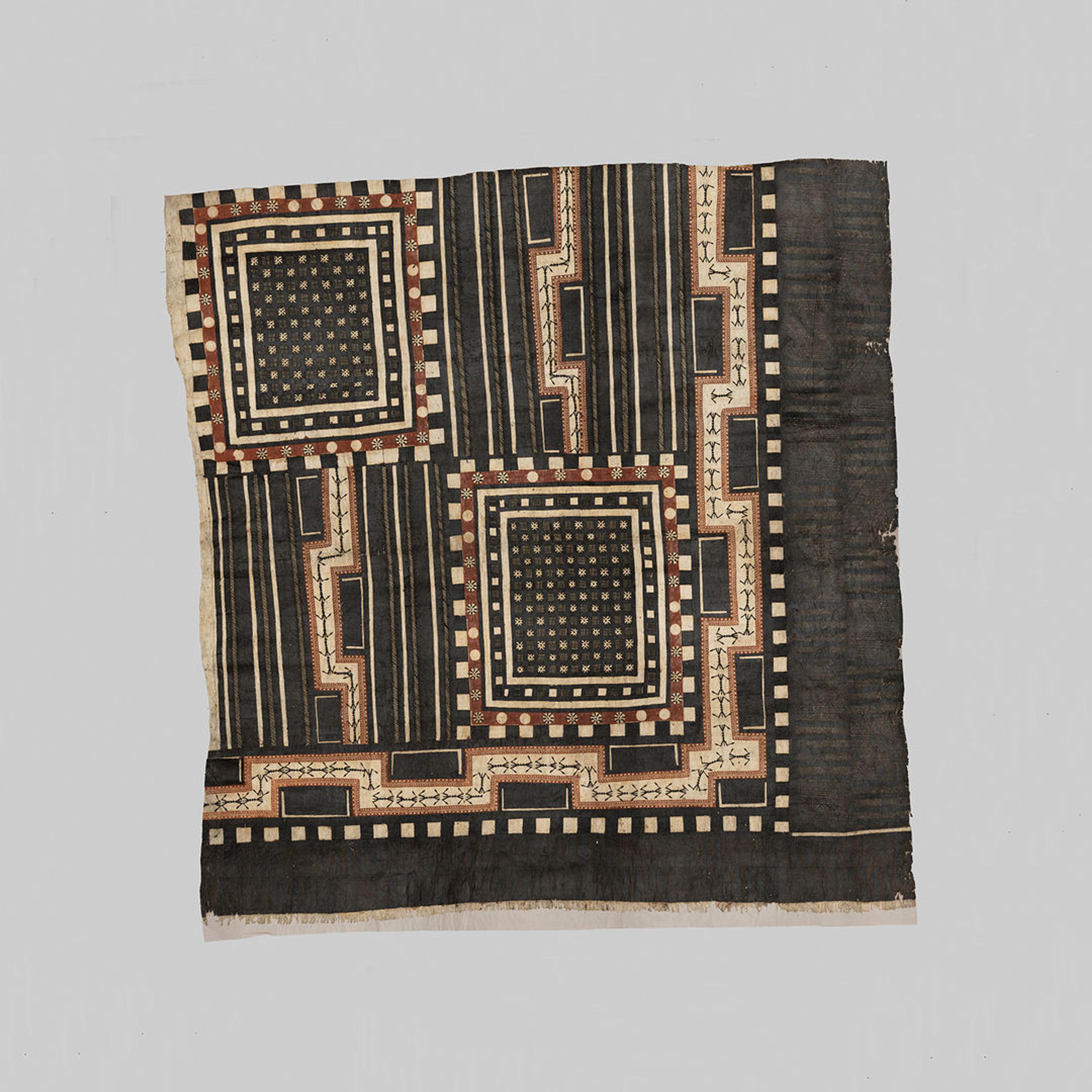 Barkcloth panel with rectilinear designs in beige, brown and black