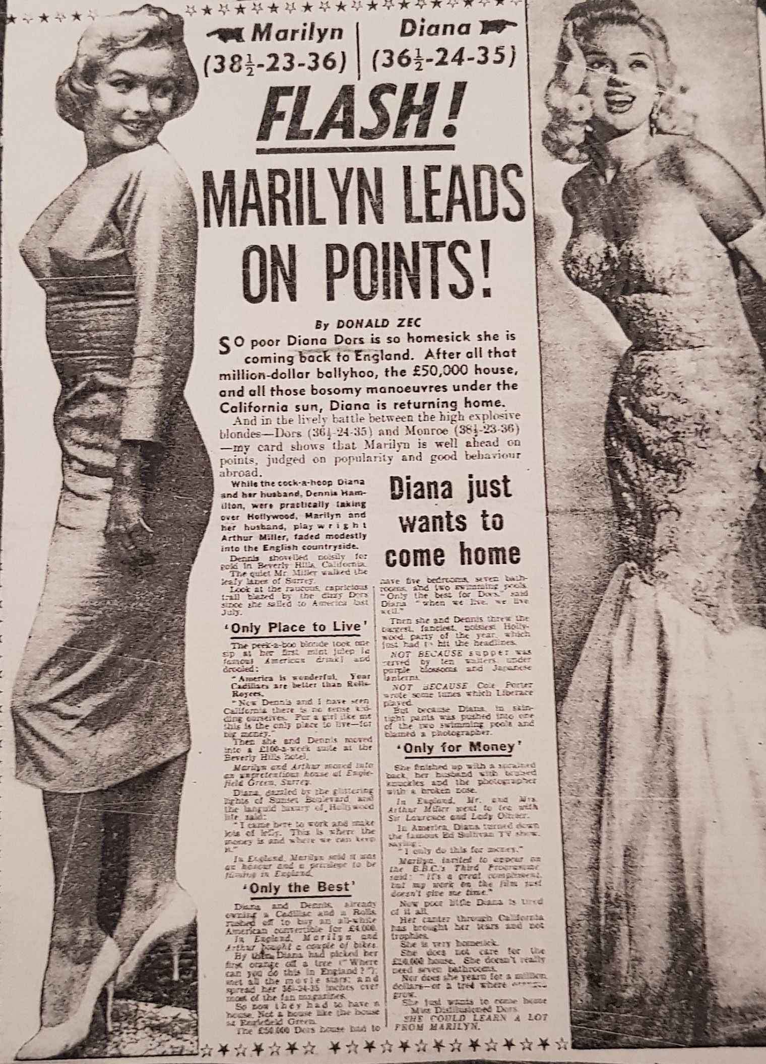 Black and white vintage newspaper article featuring two women, each standing in glamorous poses. Bold headline reads "Marilyn Leads on Points!" 