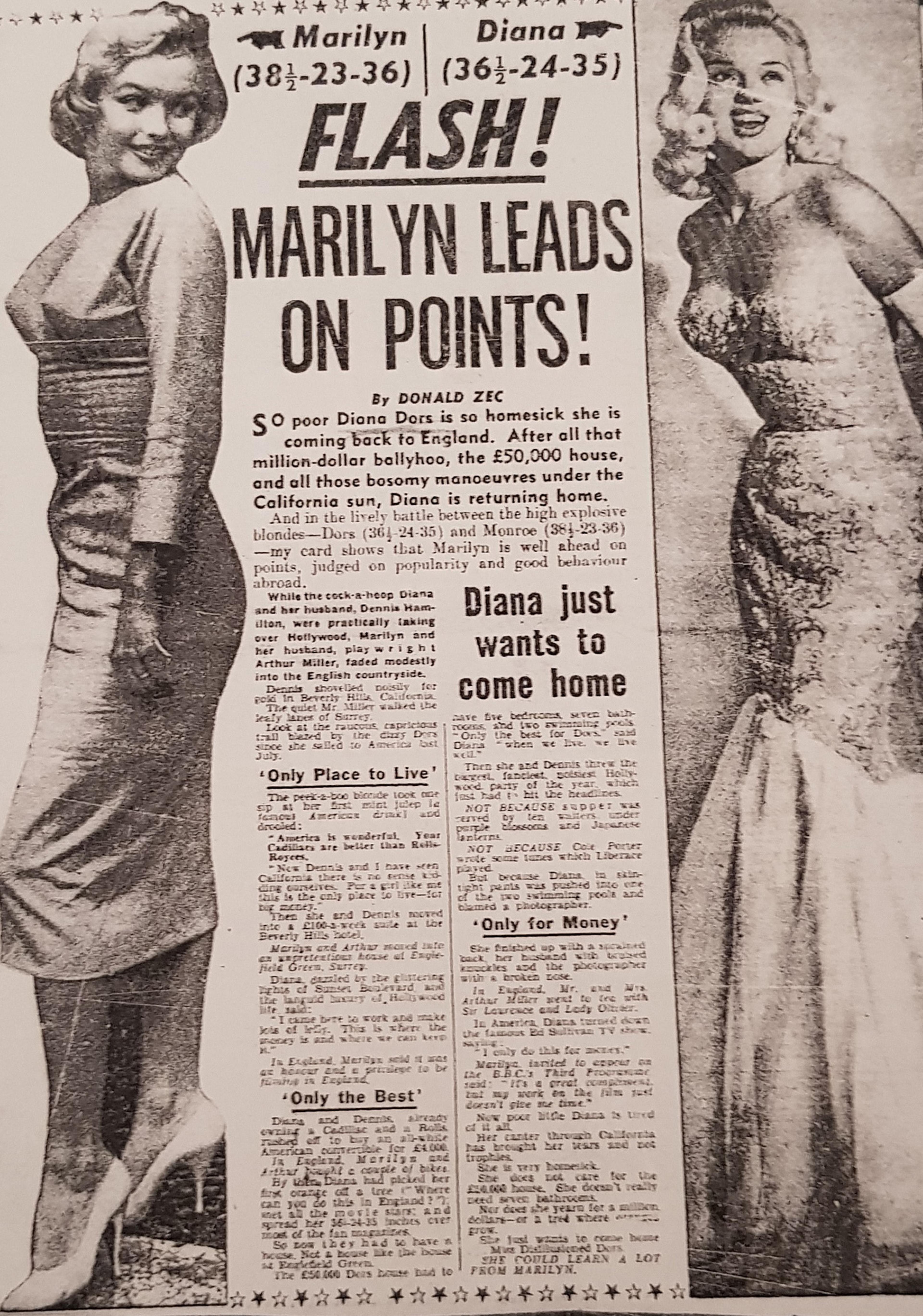 Black and white vintage newspaper article featuring two women, each standing in glamorous poses. Bold headline reads "Marilyn Leads on Points!"