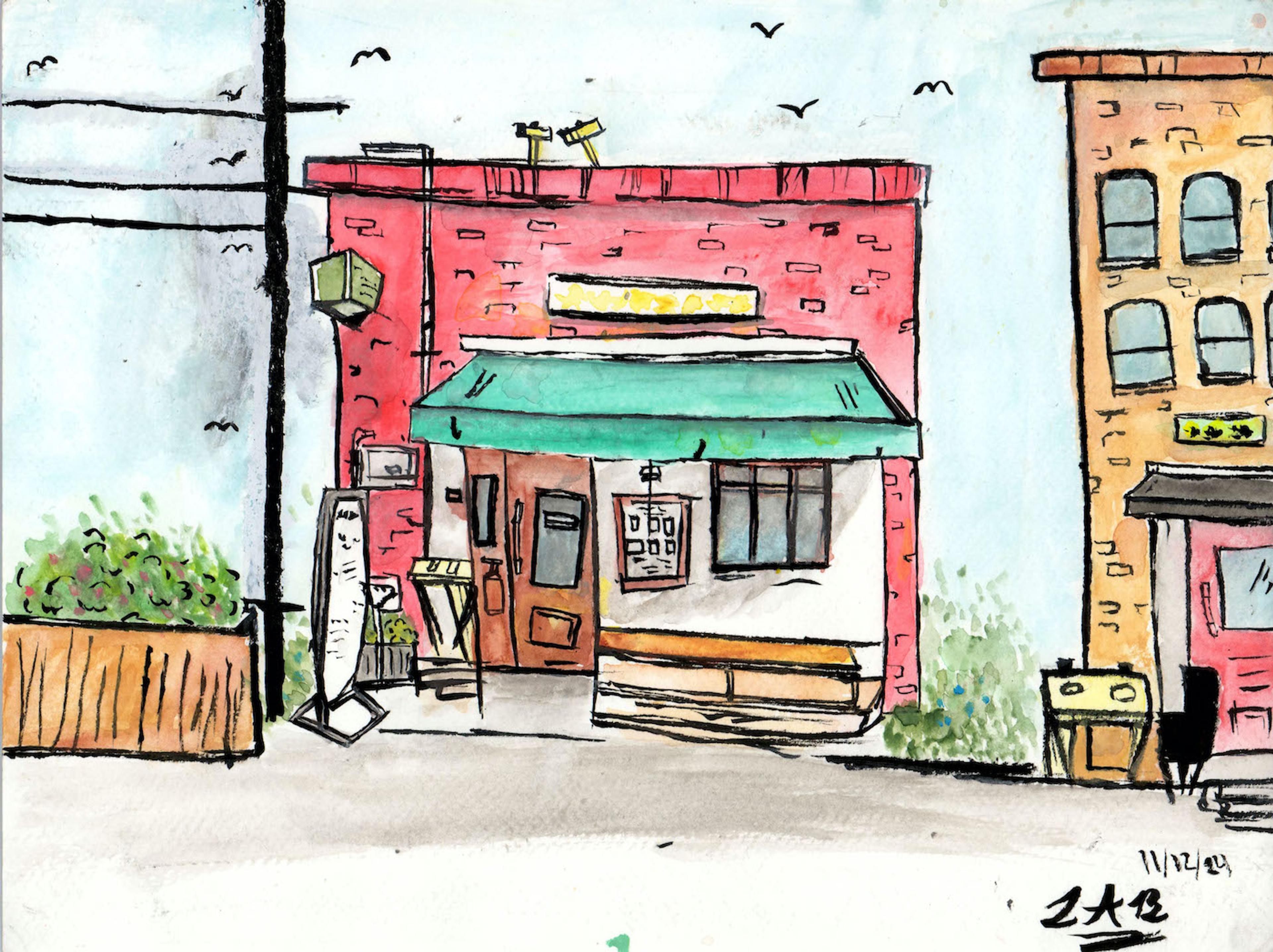 Watercolor, pencil, and ink illustration of a small red brick building with a green awning above the first floor. The front of the first floor is the entrance to a restaurant. The first floor façade is white, with a brown door, a window, and a sandwich board sign to the left. Green shrubs rise out and above a brown fence on the left side of the building, and a light brown three storey brick building sits to the right.