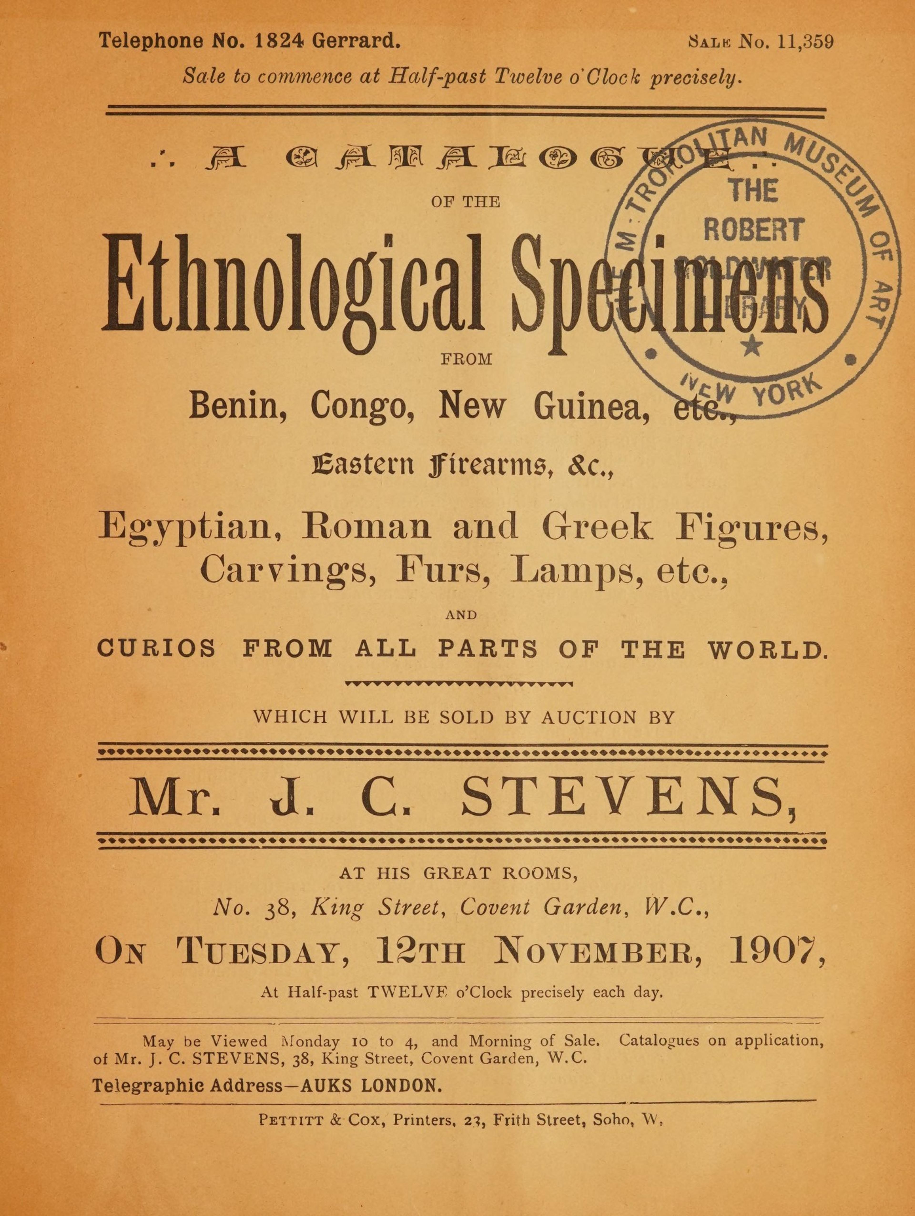 Beige cover page of an auction catalog featuring Benin art