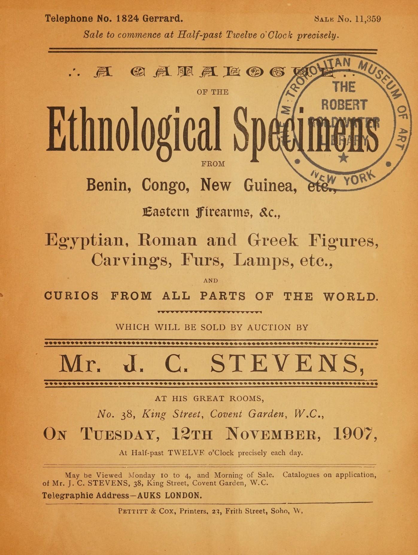 Beige cover page of an auction catalog featuring Benin art