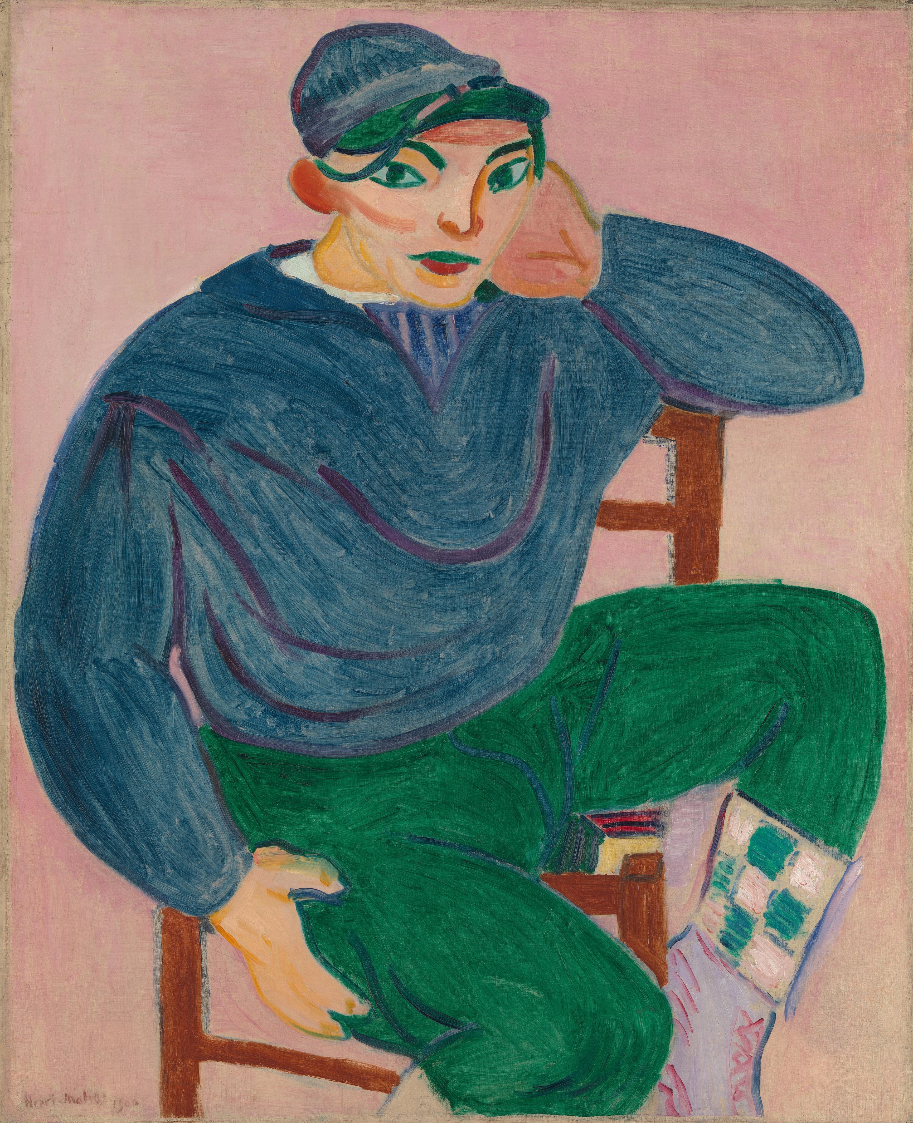 A painting of a boy in a cap, oversized sweatshirt, and long pants, sitting on a wooden chair