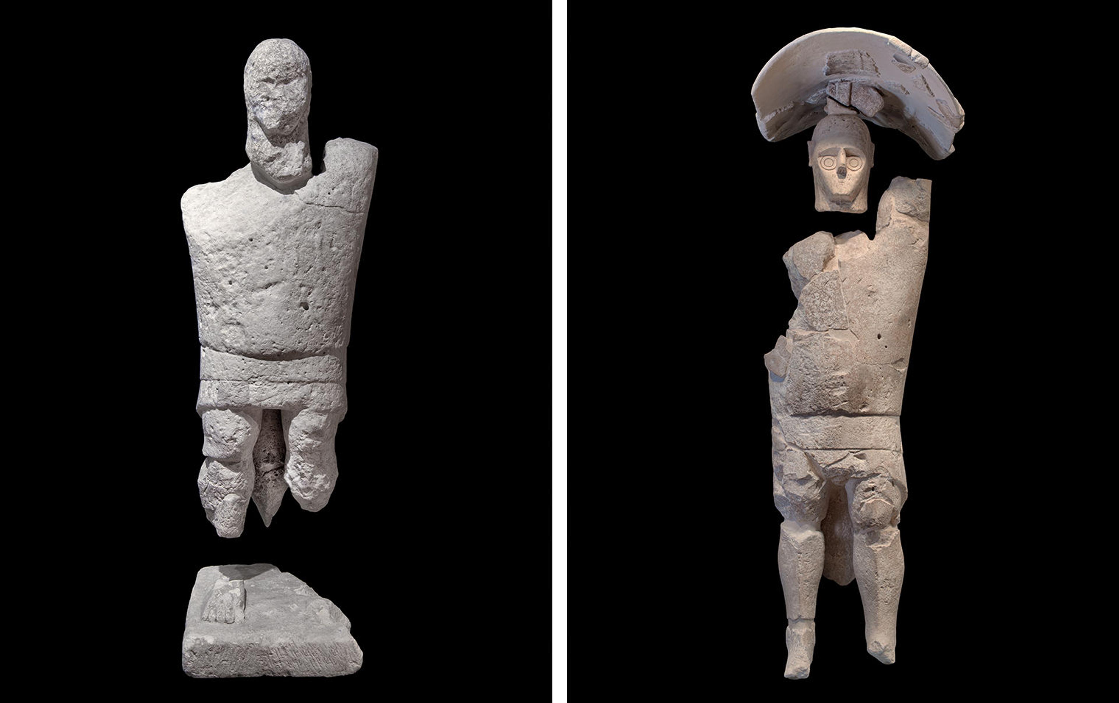 Wide shot of a boxer on the left and a warrior on the right.