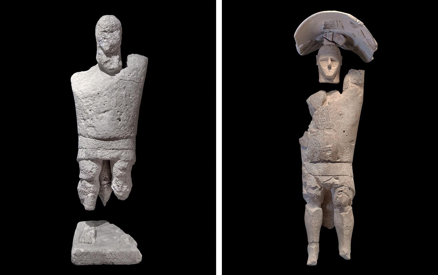 Wide shot of a boxer on the left and a warrior on the right.