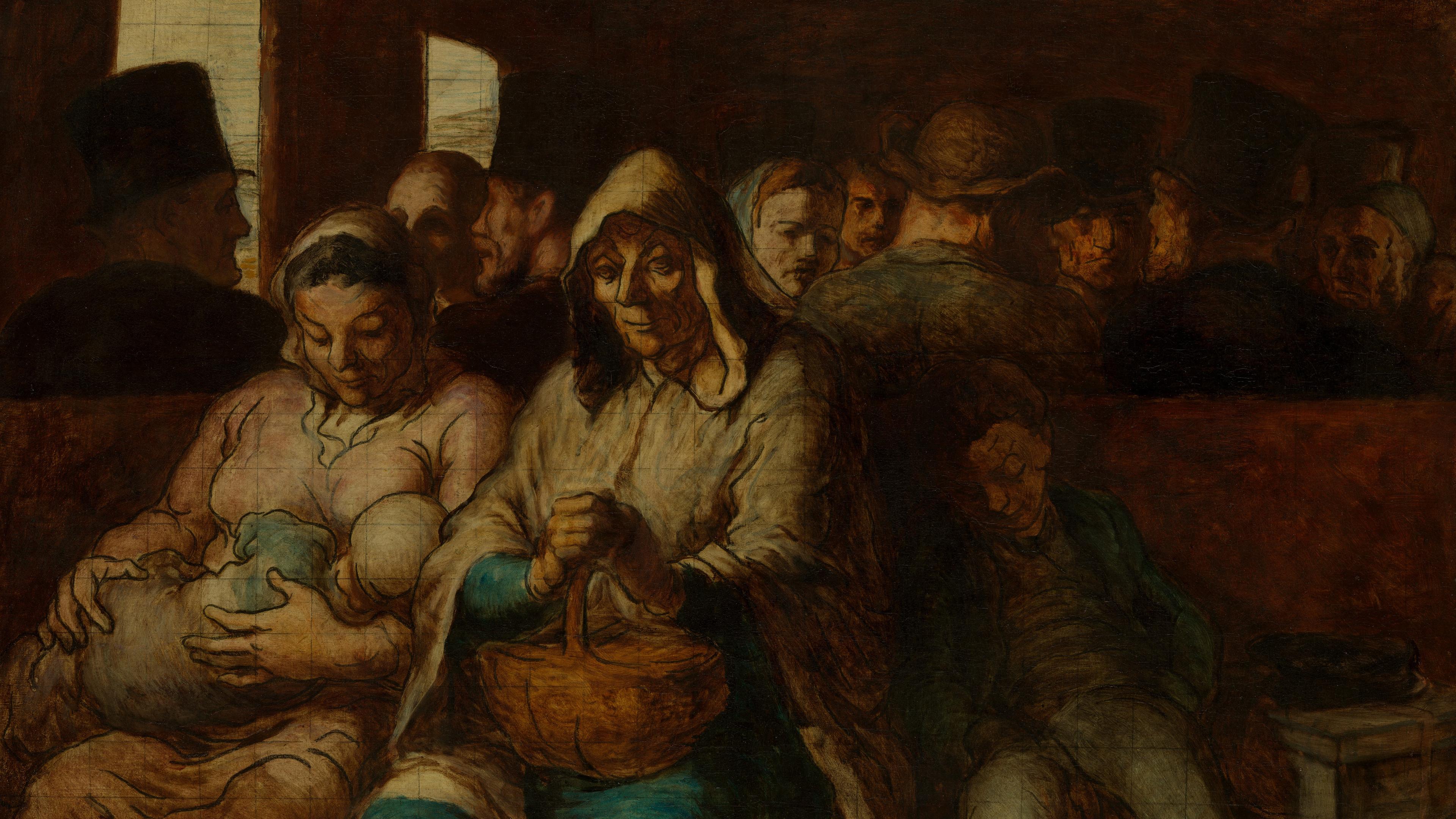 Two women, one nursing a child, sit along a bench with their backs to well-dressed carriage riders.