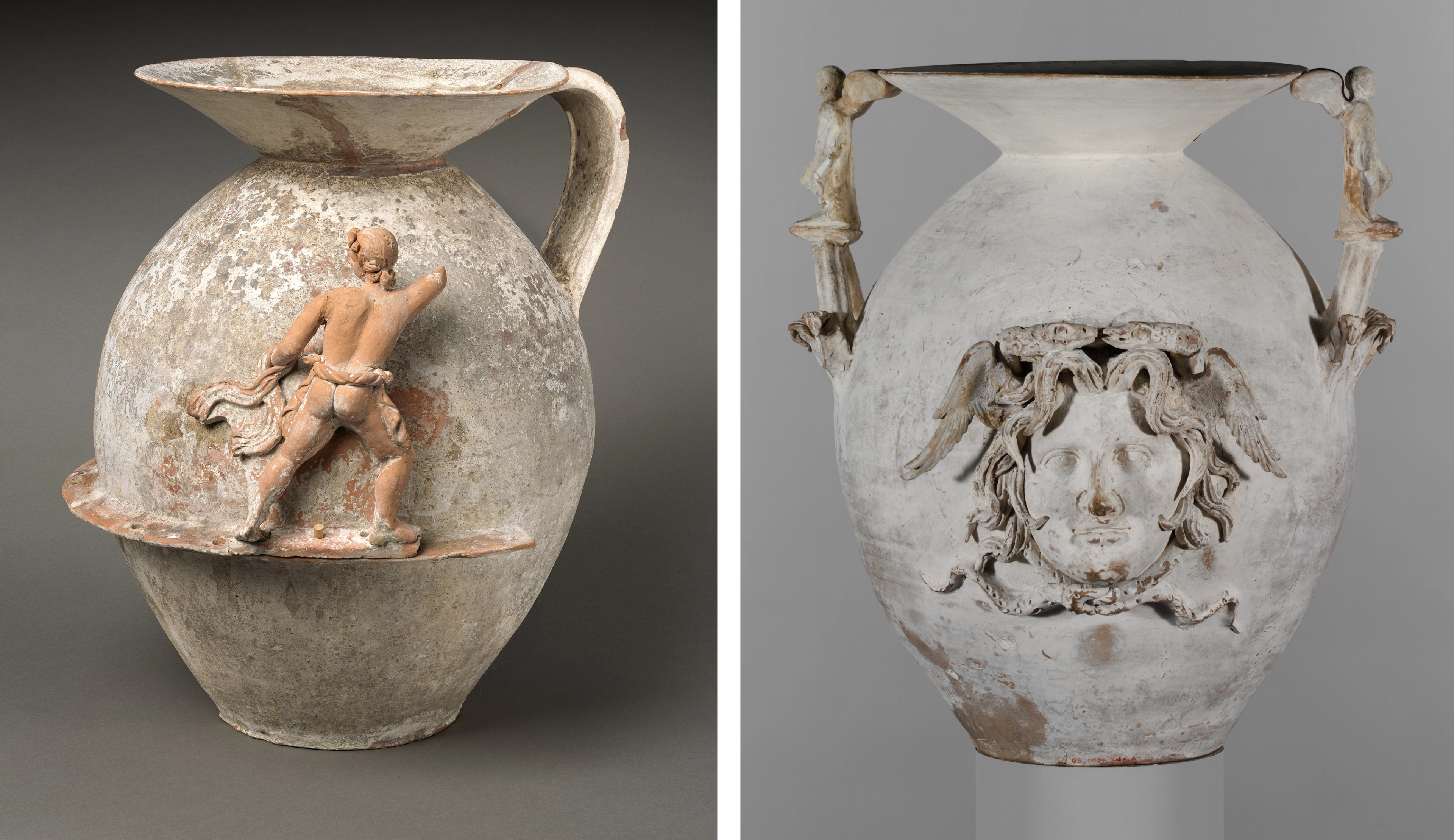 Diptych of two vases. The vase at right shows the back of a nude figure in a lunge position. At right, a vase with a relief of Medusa.