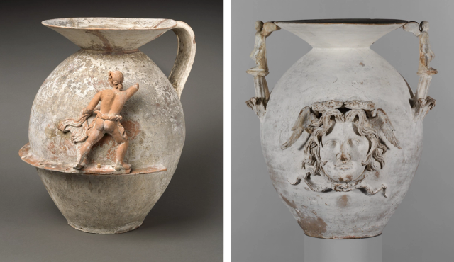 Diptych of two vases. The vase at right shows the back of a nude figure in a lunge position. At right, a vase with a relief of Medusa.