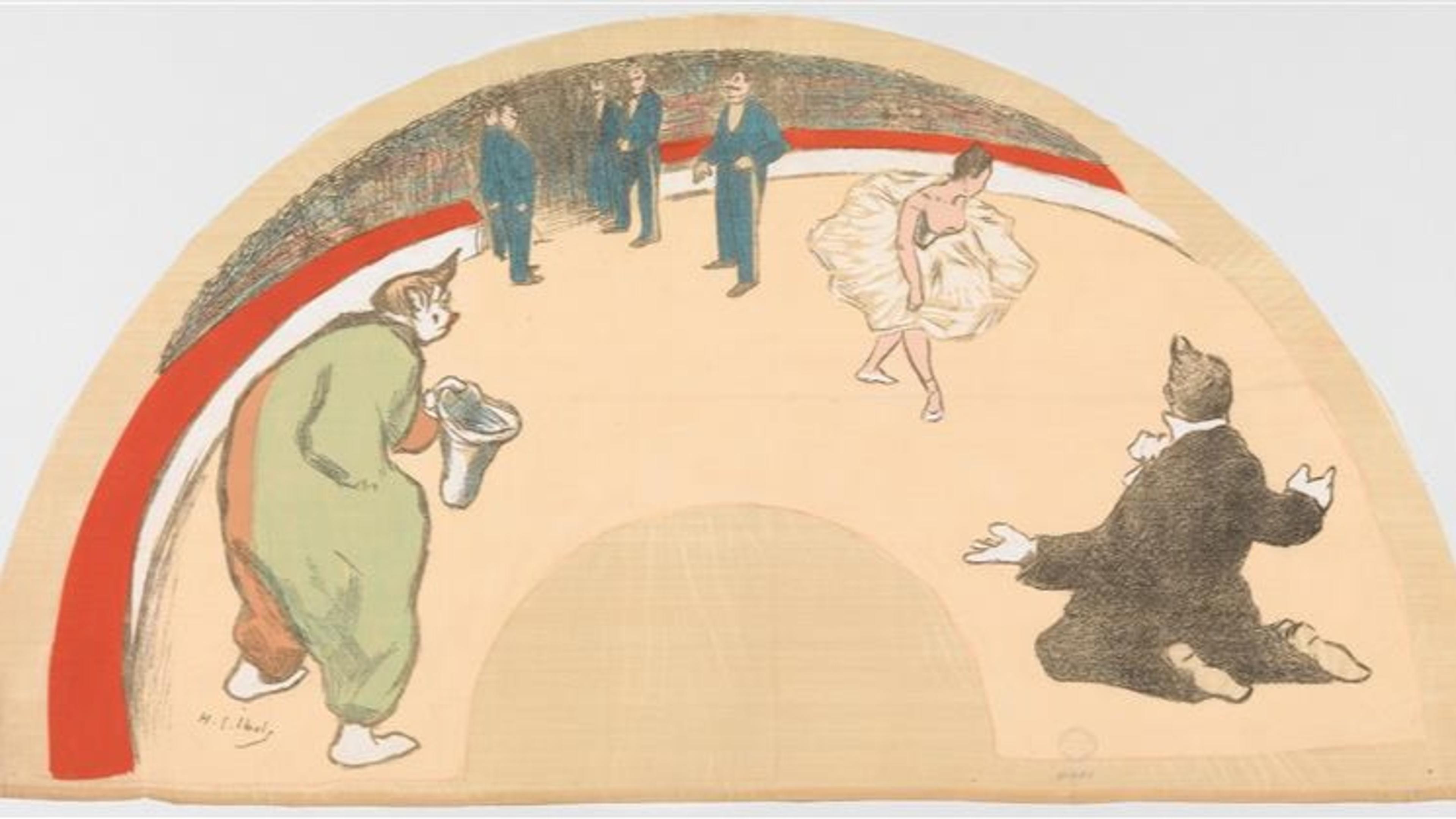 A fan painted with circus figures