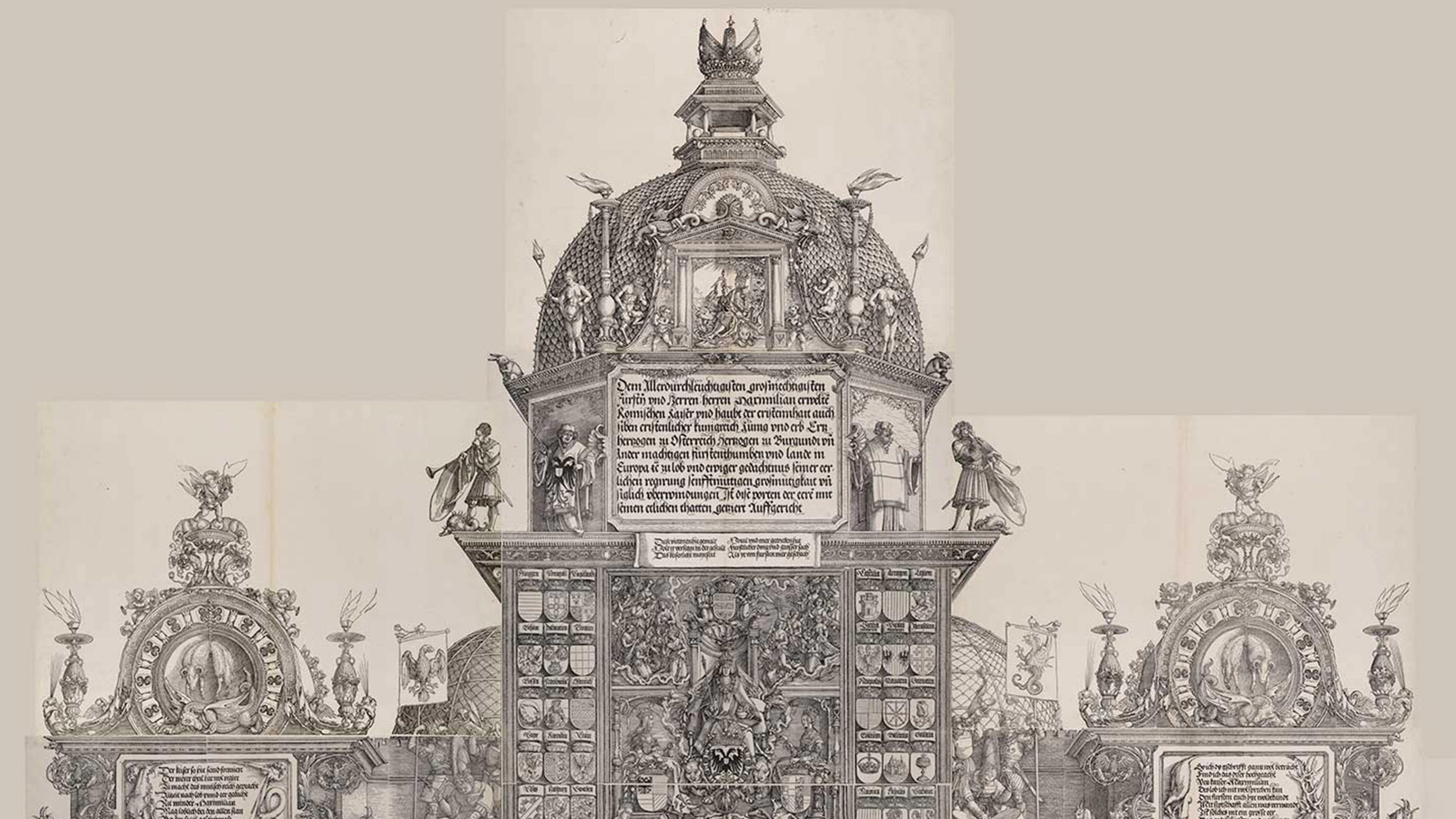 Detail from the Arch of Honor, showing the tower's turrets and figures playing instruments.