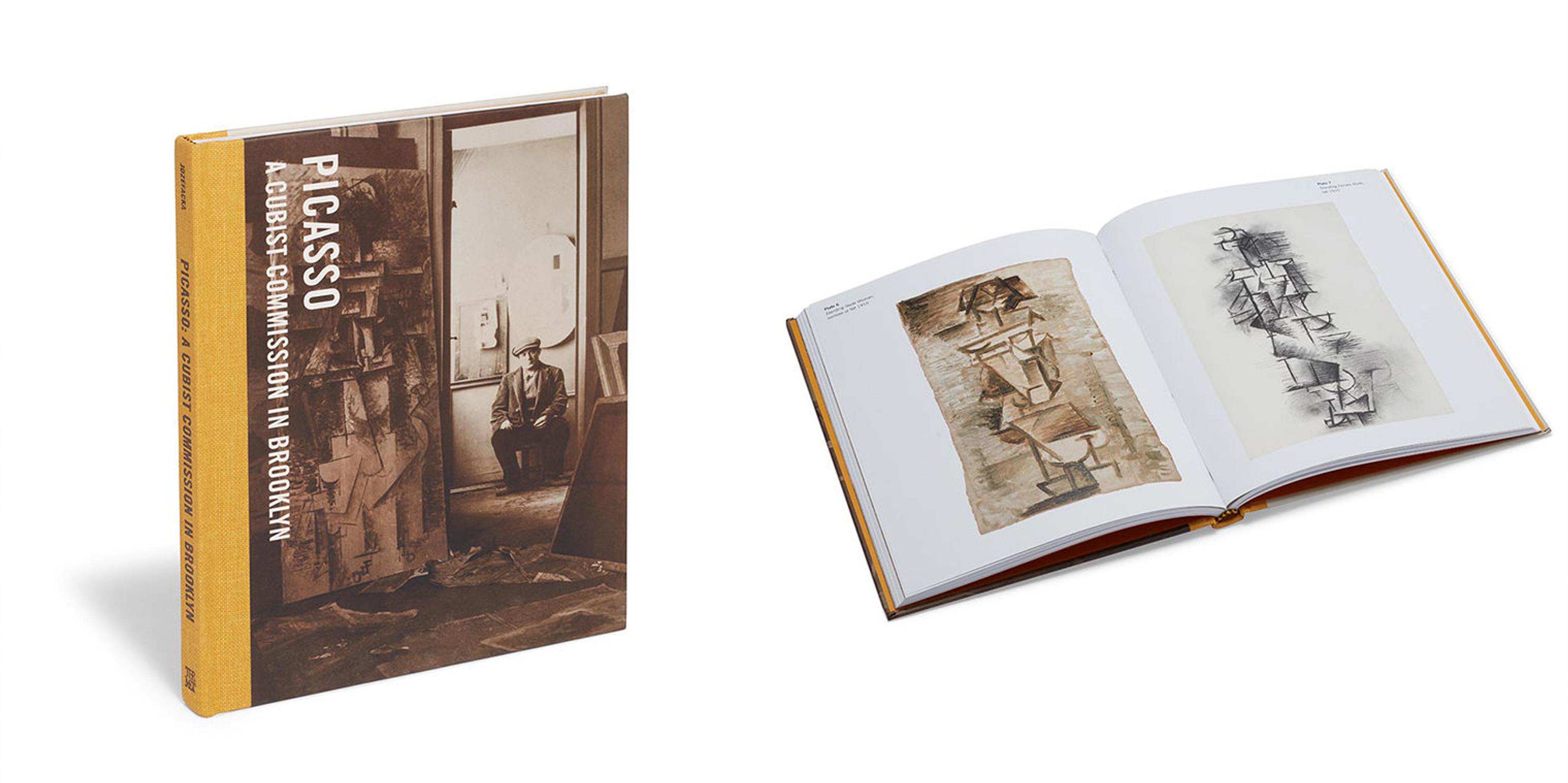 Image of a catalogue's cover and the catalogue open to two drawings.