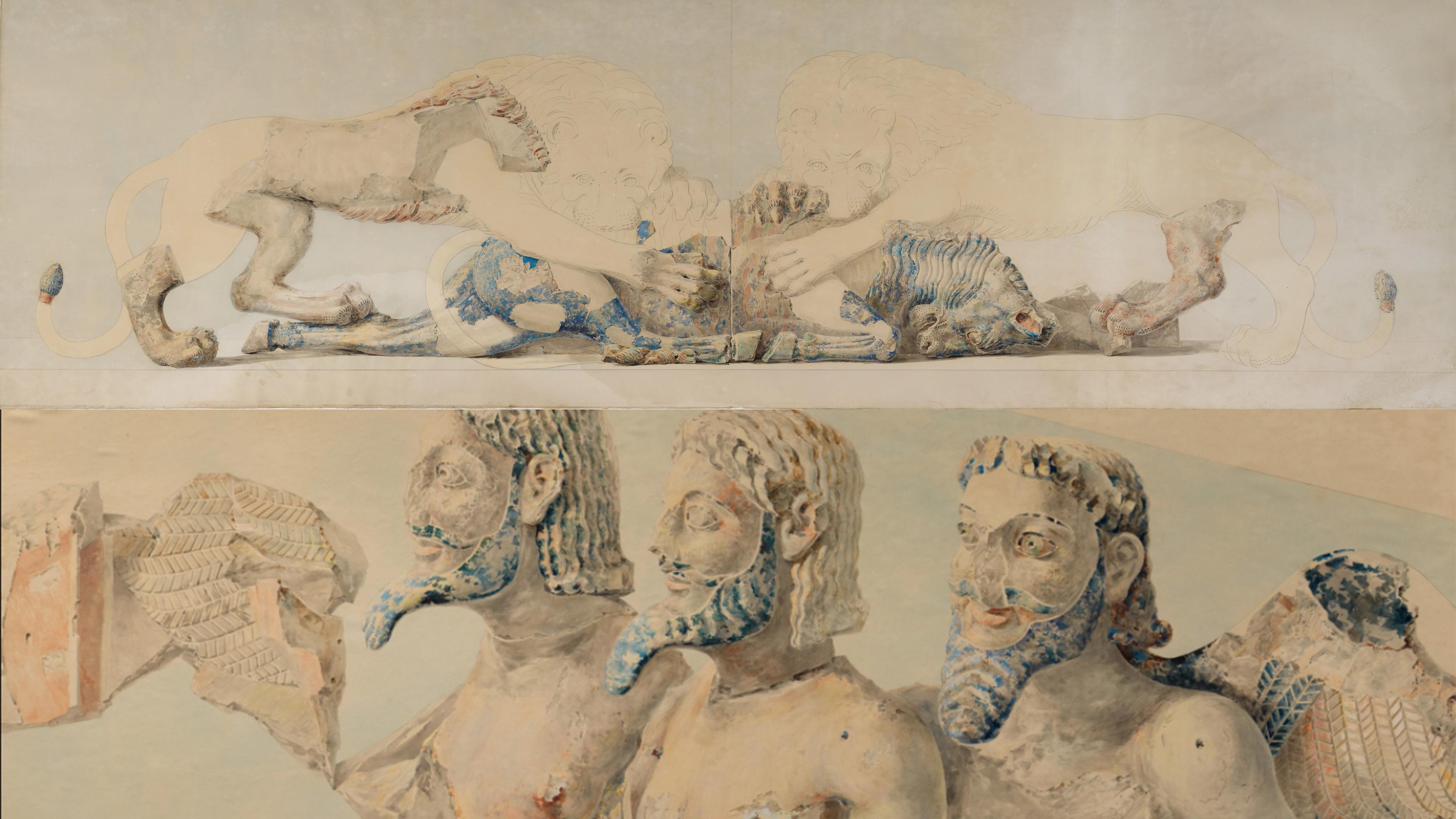 Two watercolors, one depicting two lions savaging a bull and the other depicting a winged three-bodied creature