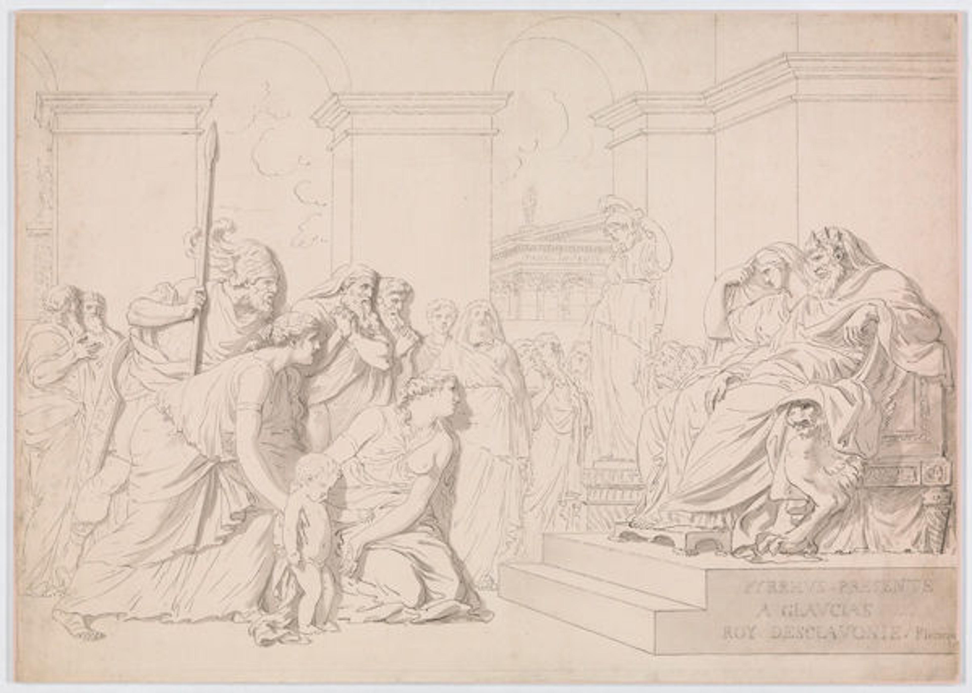 Augustin Pajou (French, 1730–1809). Pyrrhus in the House of Glaucias, late 18th century. Black chalk, pen and gray ink, gray wash on two joined sheets; Sheet: 22 5/16 x 31 5/16 in. (56.7 x 79.5 cm). The Metropolitan Museum of Art, New York, Harry G. Sperling Fund, 2014 (2014.439)