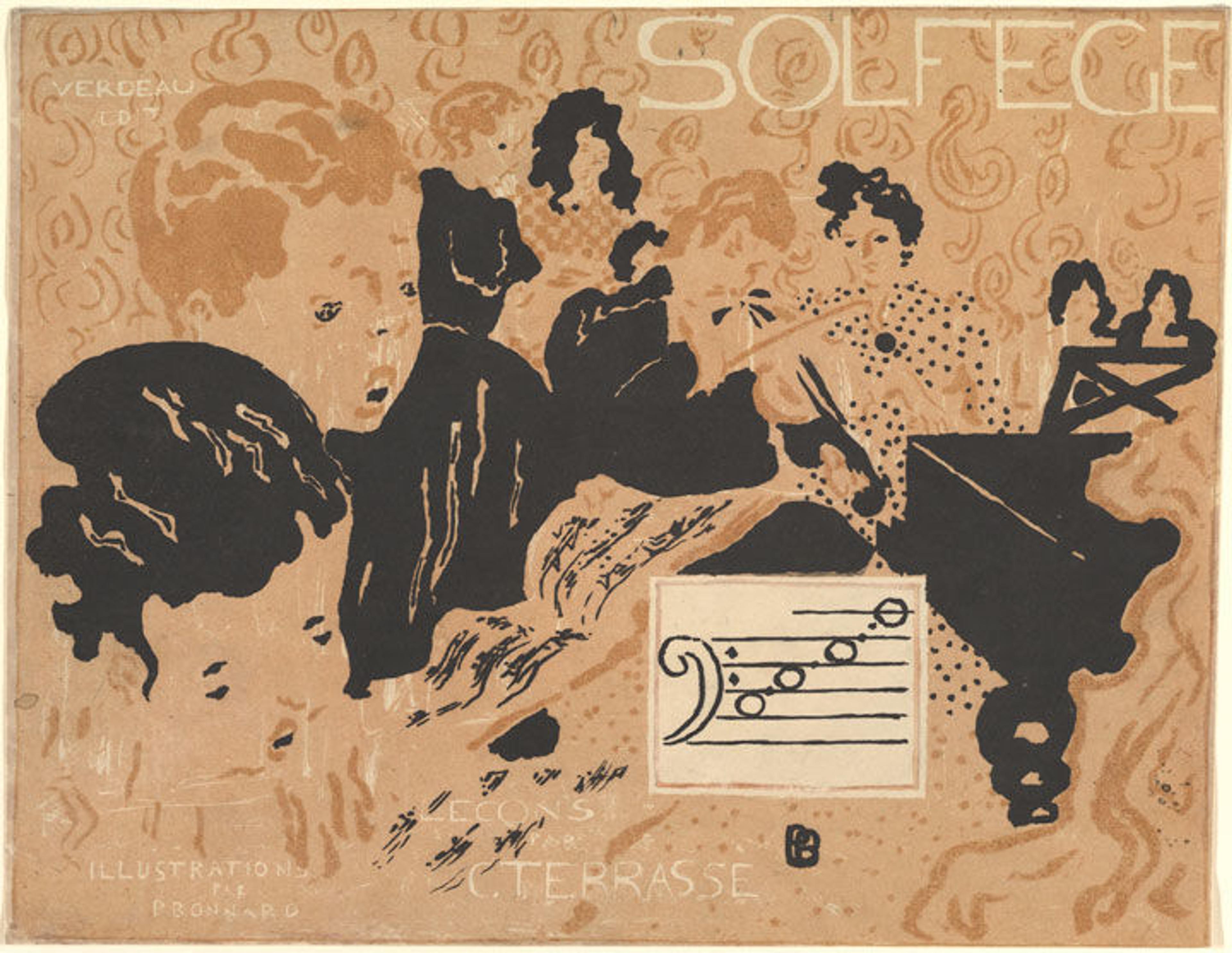 Color lithograph depicting a group of young music students, a piano, and some sheet music