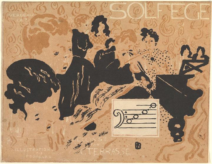 Color lithograph depicting a group of young music students, a piano, and some sheet music