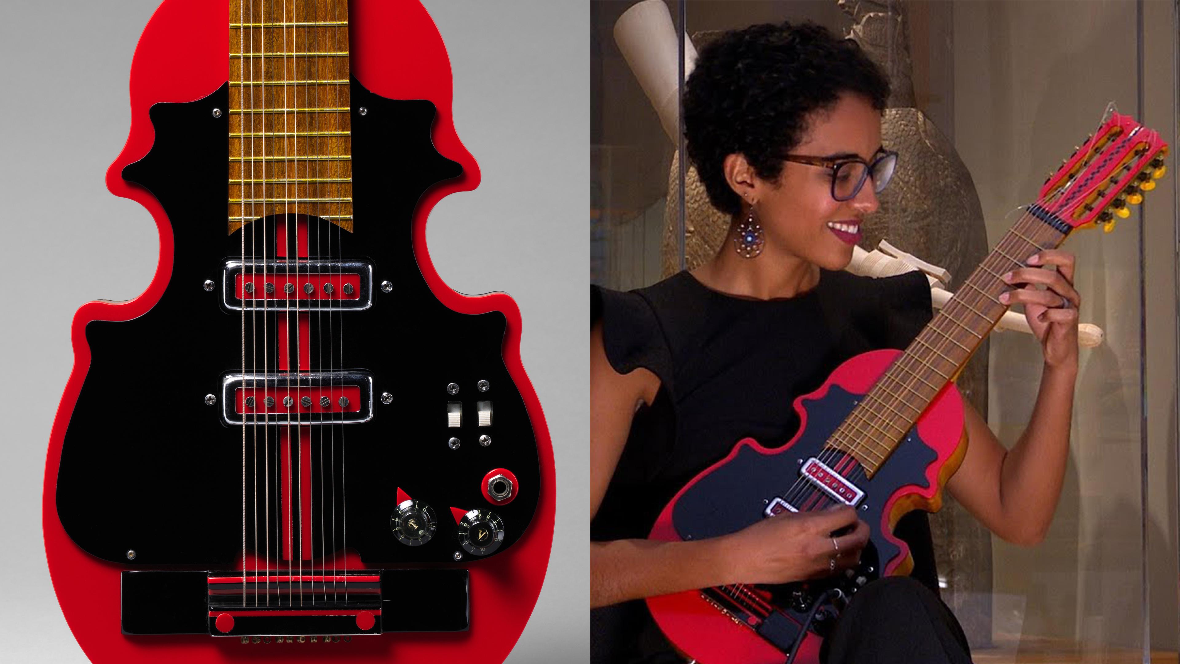 Diptych showing a bold black and red cuatro at left, and Fabiola Méndez playing the instrument at right