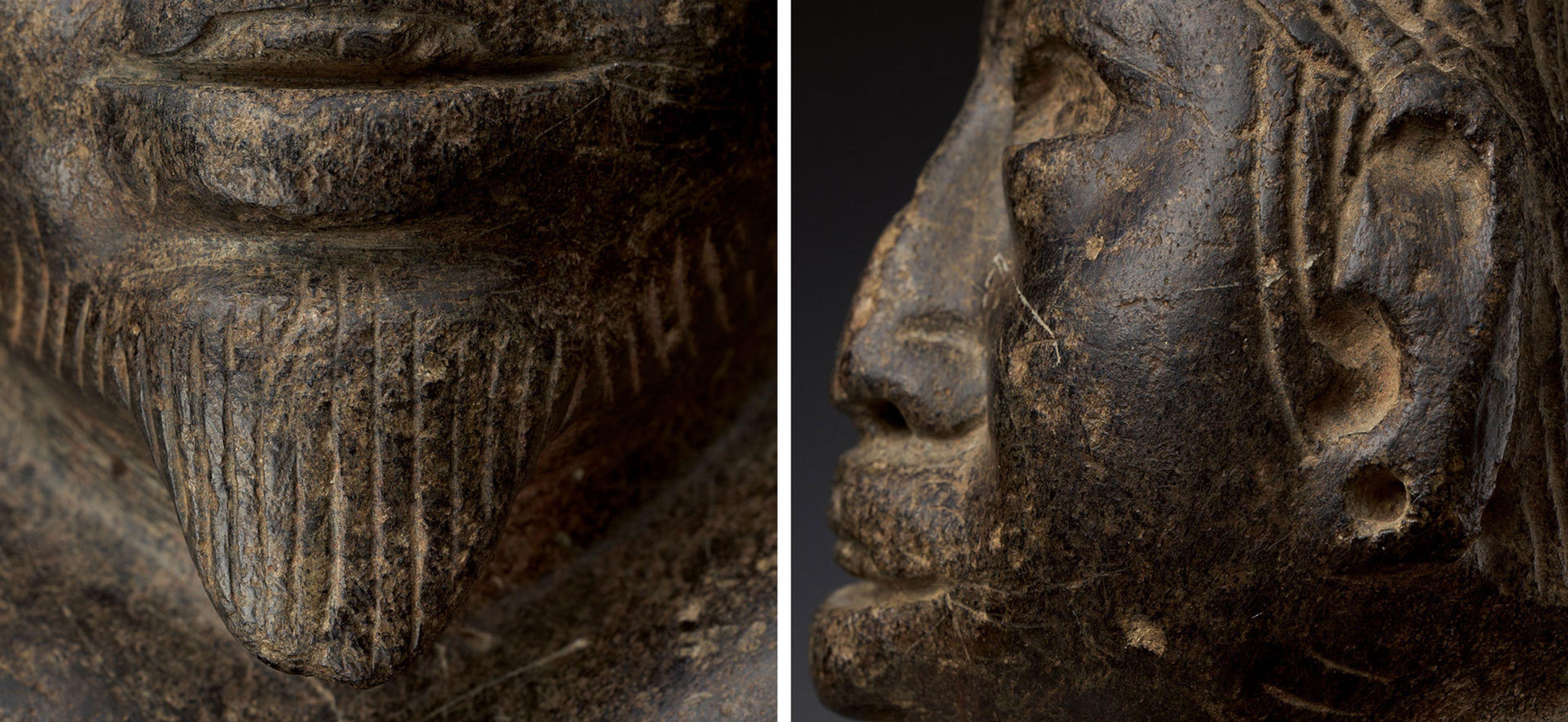 Two images showing facial carvings of an Olmec kneeling figure
