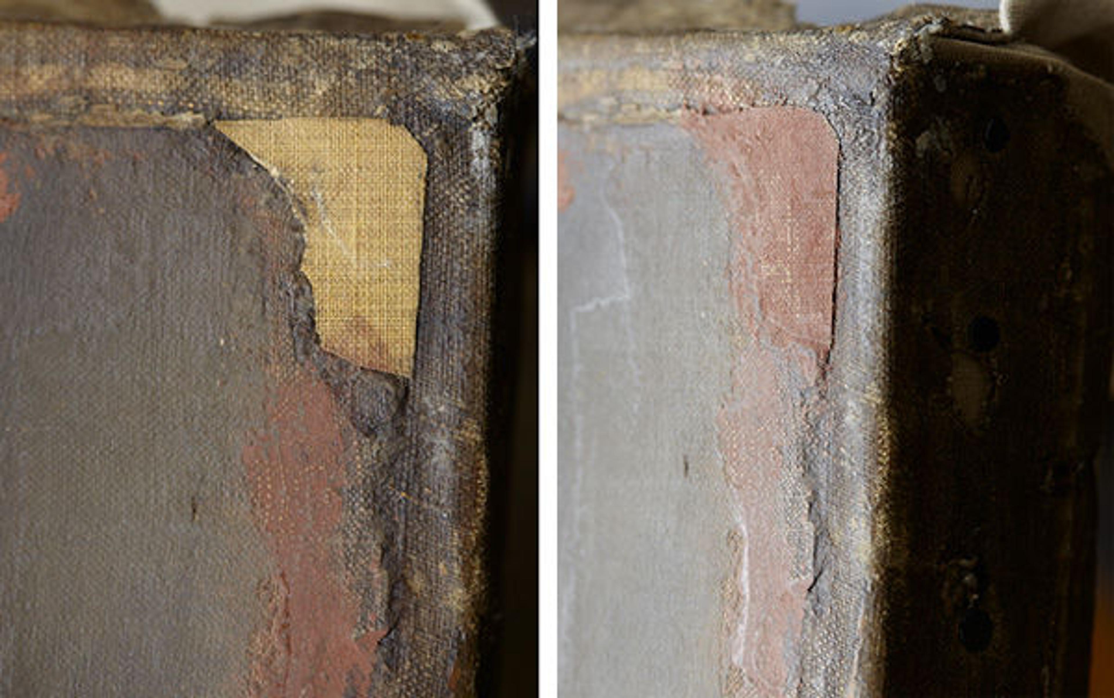 Left: A canvas inset is attached where the original portion is missing. Right: Seen at a more raking angle after filling