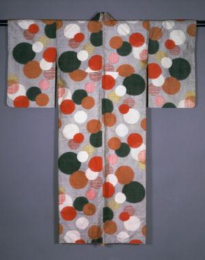 Left: Meisen Kimono with Overlapping Circular Patterns, first half of the 20th century | Japan, Taishō (1912–26) or Shōwa period (1926–89) | John C. Weber Collection. Right: Moriguchi Kunihiko (Japanese, b. 1941) | Kimono with Flowing Water Design, 1992. Japan, Heisei period (1989–present) | 2014.521