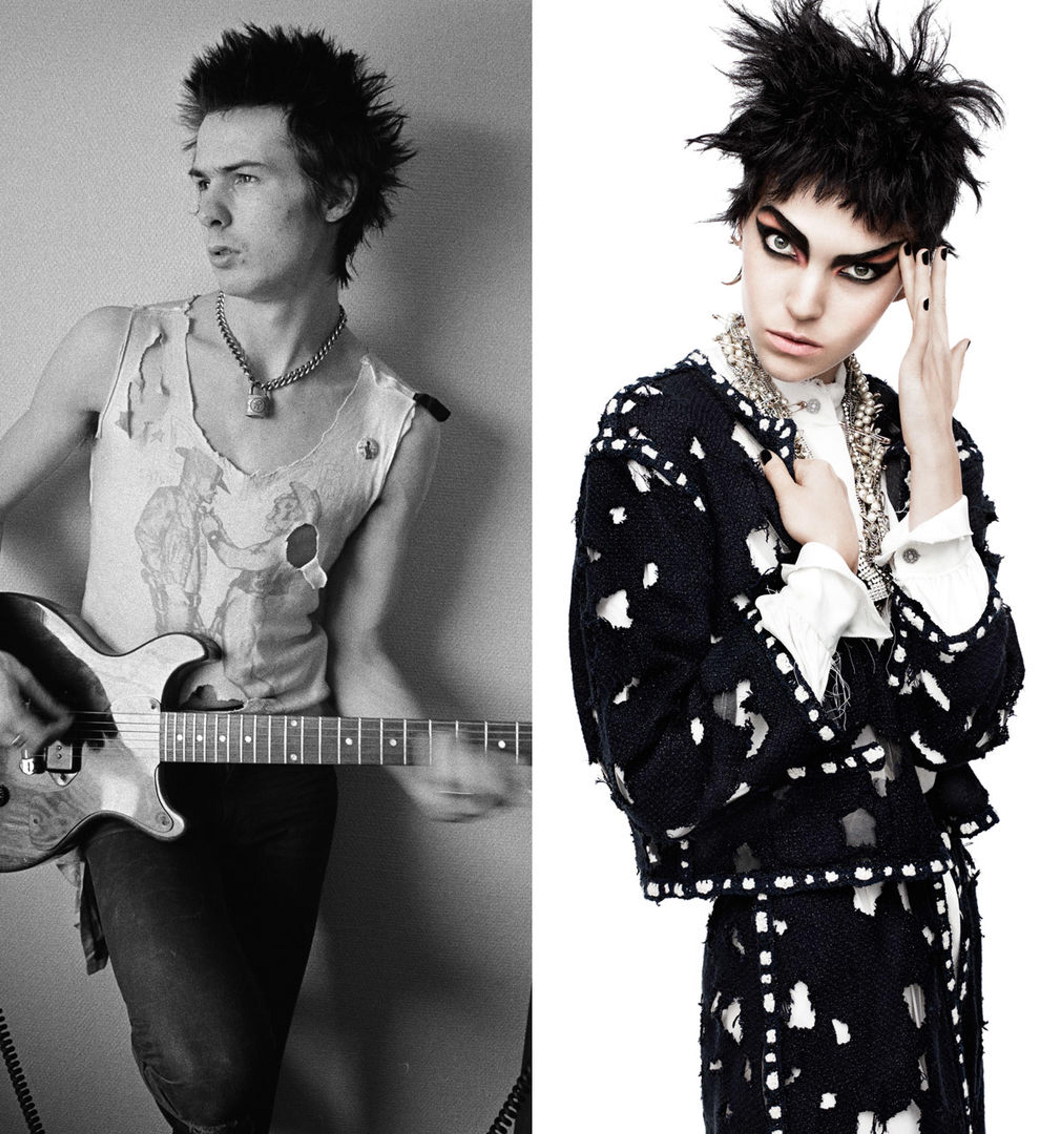 Two images: at left, Sid Vicious with his guitar; at right, a model wearing couture inspired by the punk movement