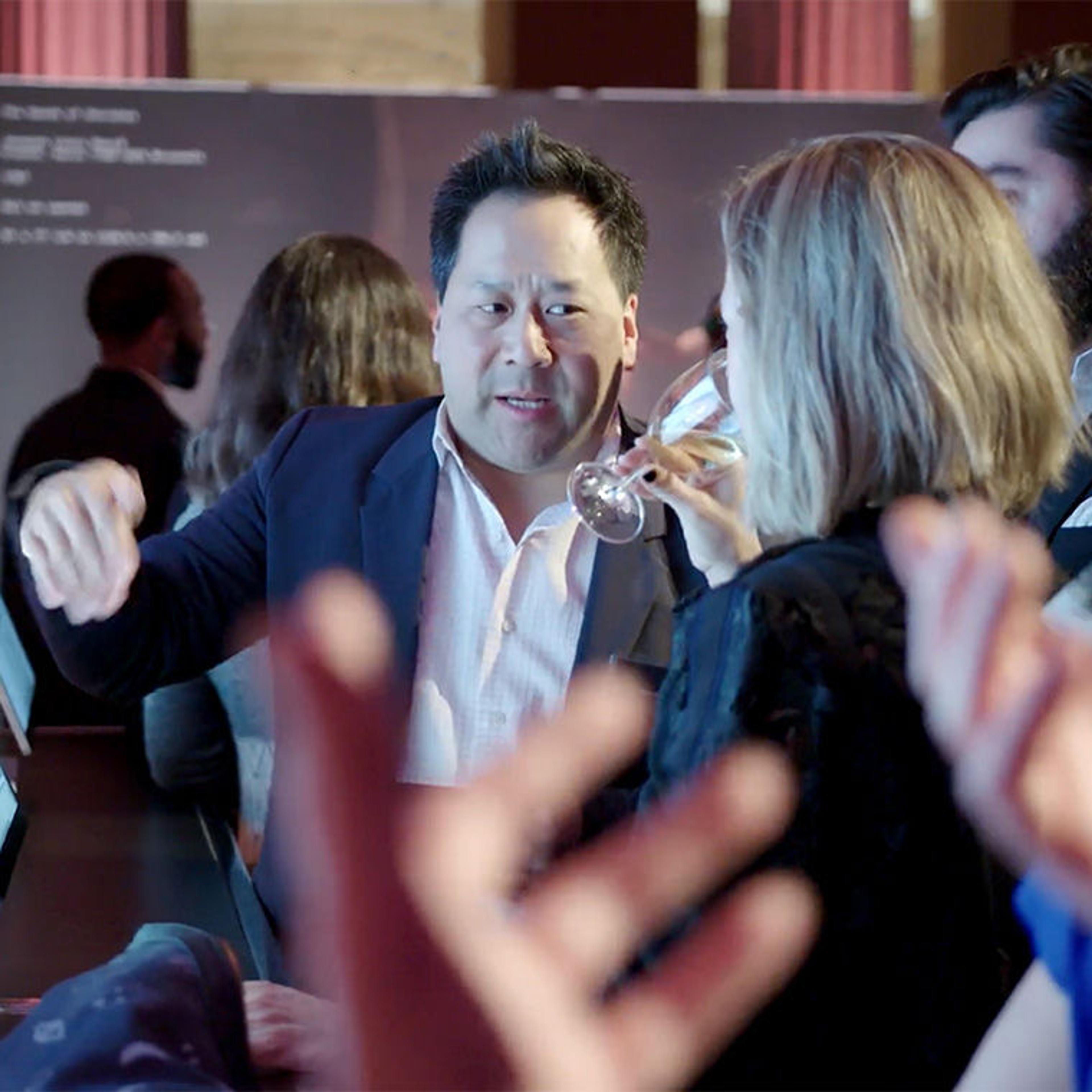 Andrew Lih presenting Tag, That's It! at the MxMxM reveal event in the Great Hall of The Met Fifth Avenue