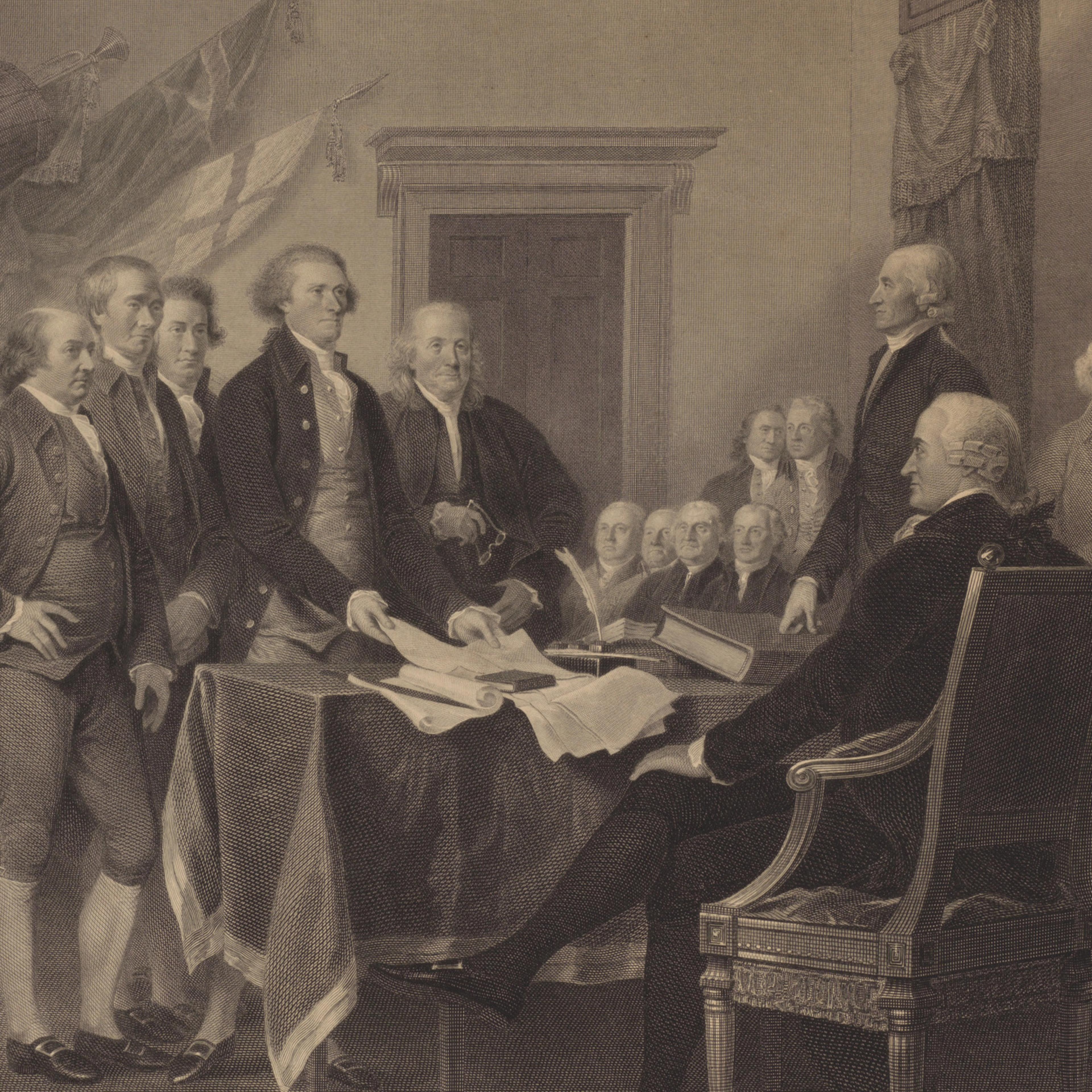 An assembly of formally dressed men gather around a table with a document in a historical setting