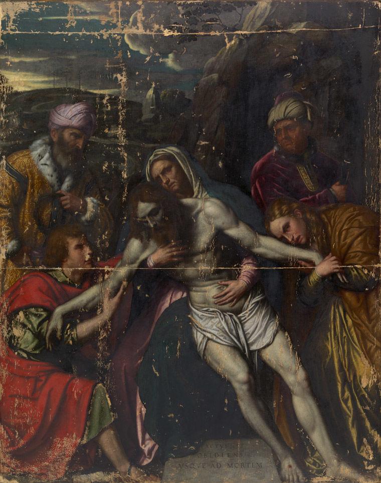 Photo of Moretto da Brescia's Entombment scene during conservation treatment