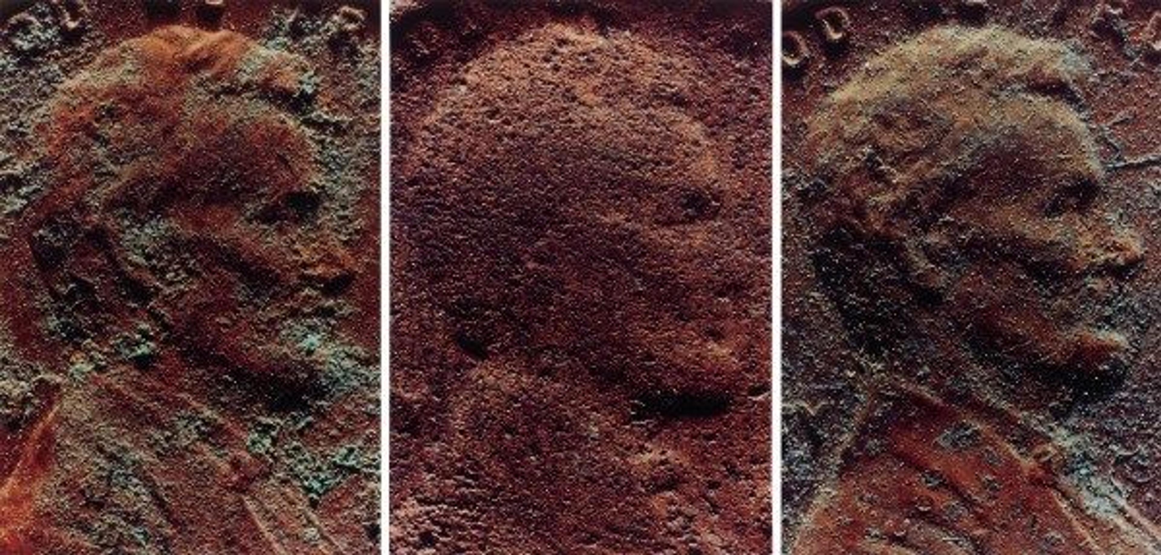 Three color photographs of worn and aged copper pennies