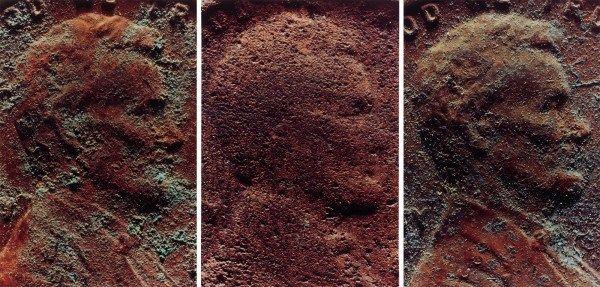 Three color photographs of worn and aged copper pennies
